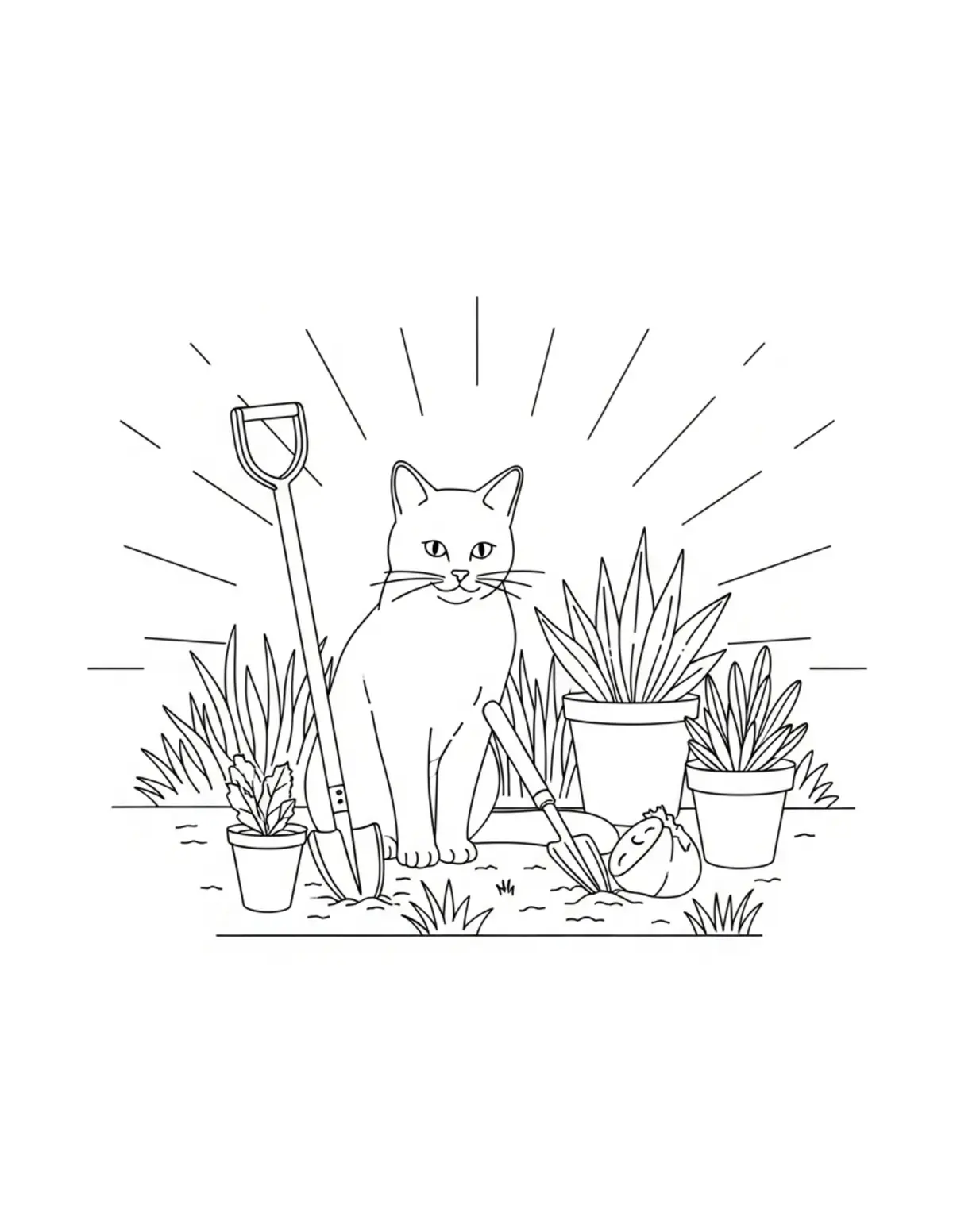 Cat Gardening In Backyard — free printable cozy coloring coloring page for kids and adults