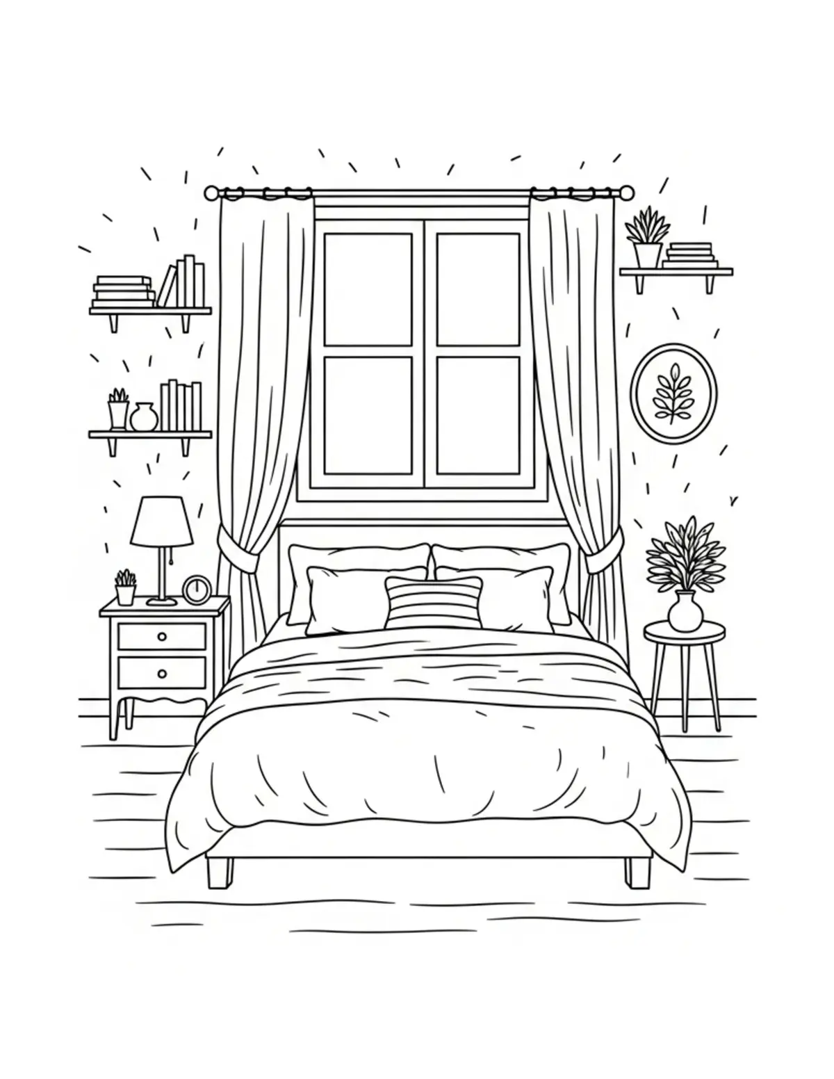 Free printable coloring page: cottage-bedroom coloring page. Cute and cozy design for kids and adults to download and print.