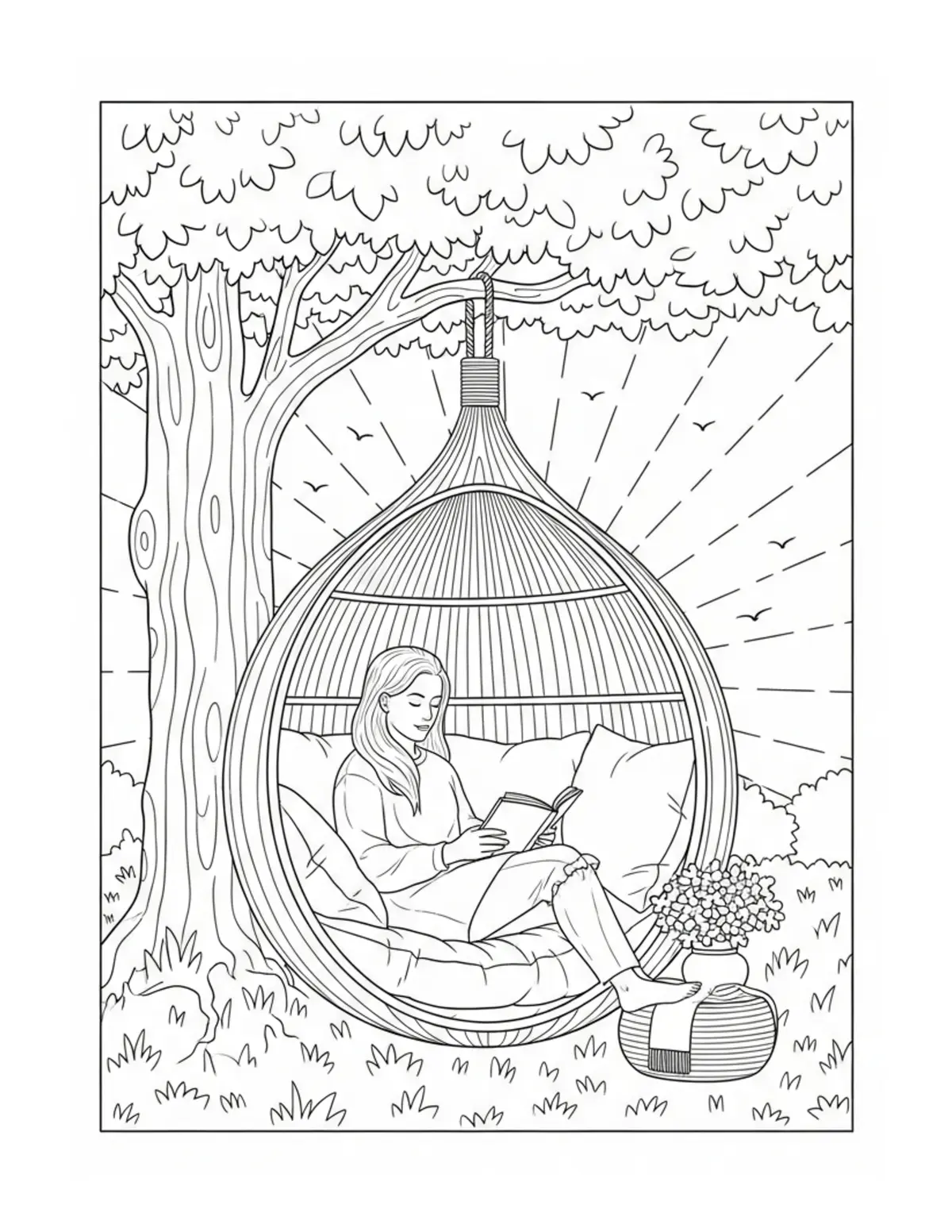 Free printable coloring page: reading nook under coloring page. Cute and cozy design for kids and adults to download and print.