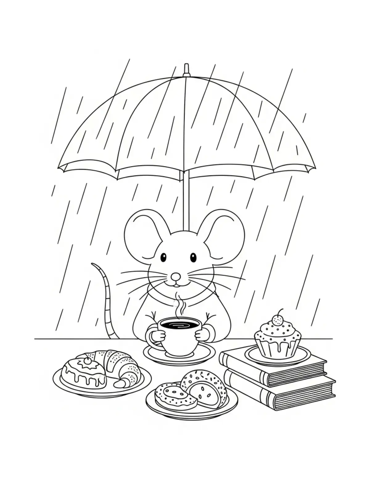 Free printable coloring page: cute mouse enjoying coffee in coloring page. Cute and cozy animal design for kids and adults to download and print.