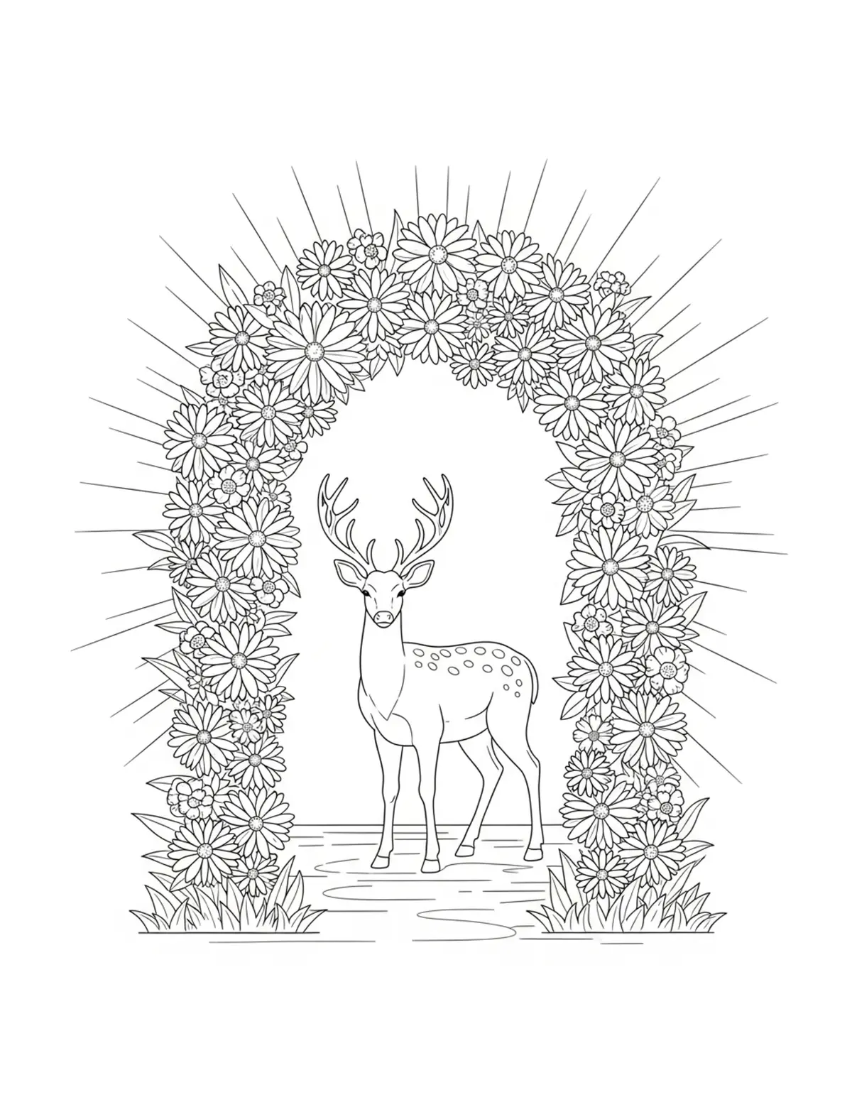 Free printable coloring page: deer flower arch pathway coloring page. Cute and cozy deer cottage design for kids and adults to download and print.