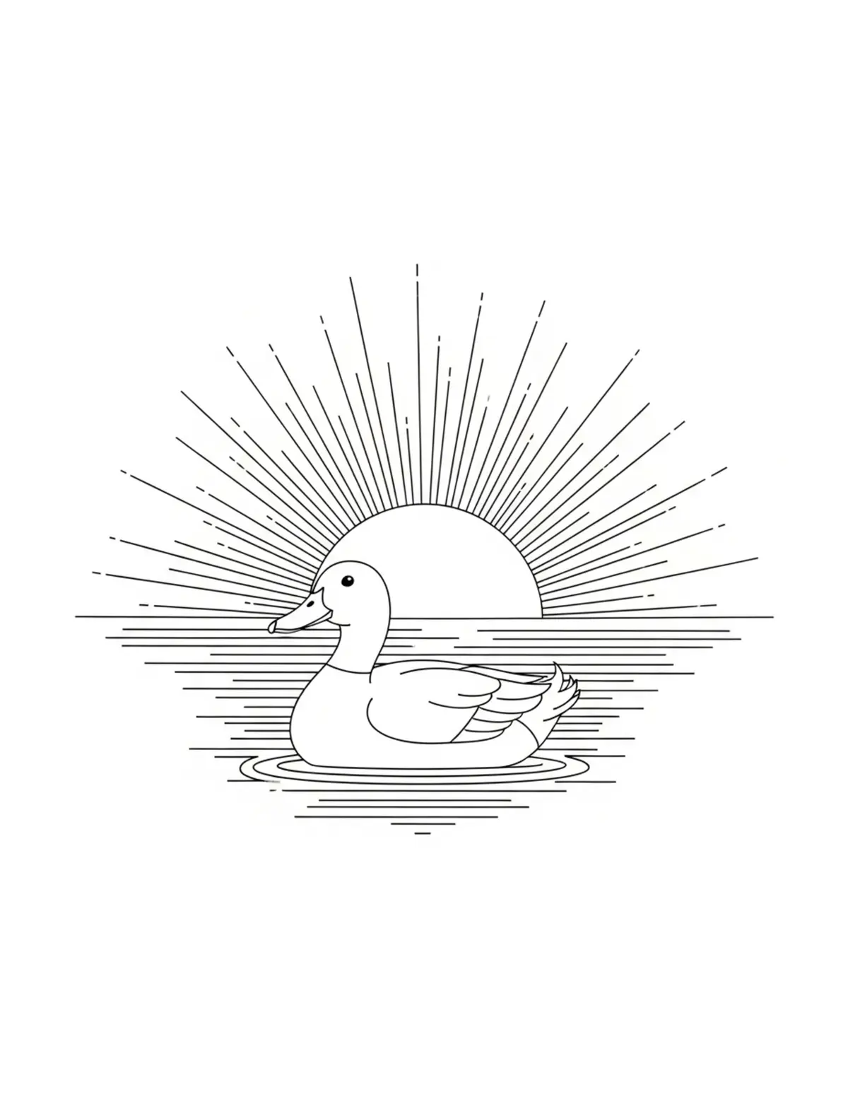 Duck Enjoying Sunset By Pond Coloring Page - free printable JPG featuring adorable duck scenes
