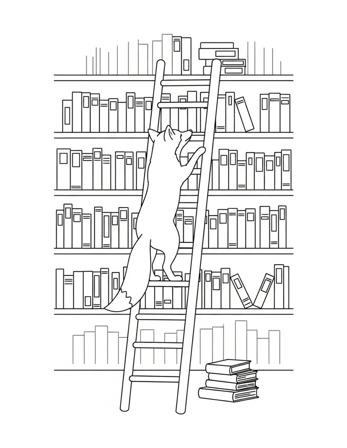 Free printable coloring page: fox library ladder scene coloring page. Cute and cozy bookstore and reading design for kids and adults to download and print.
