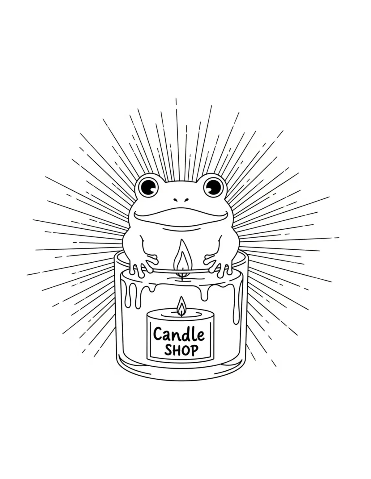 Free printable coloring page: frog candle shop coloring page. Cute and cozy design for kids and adults to download and print.