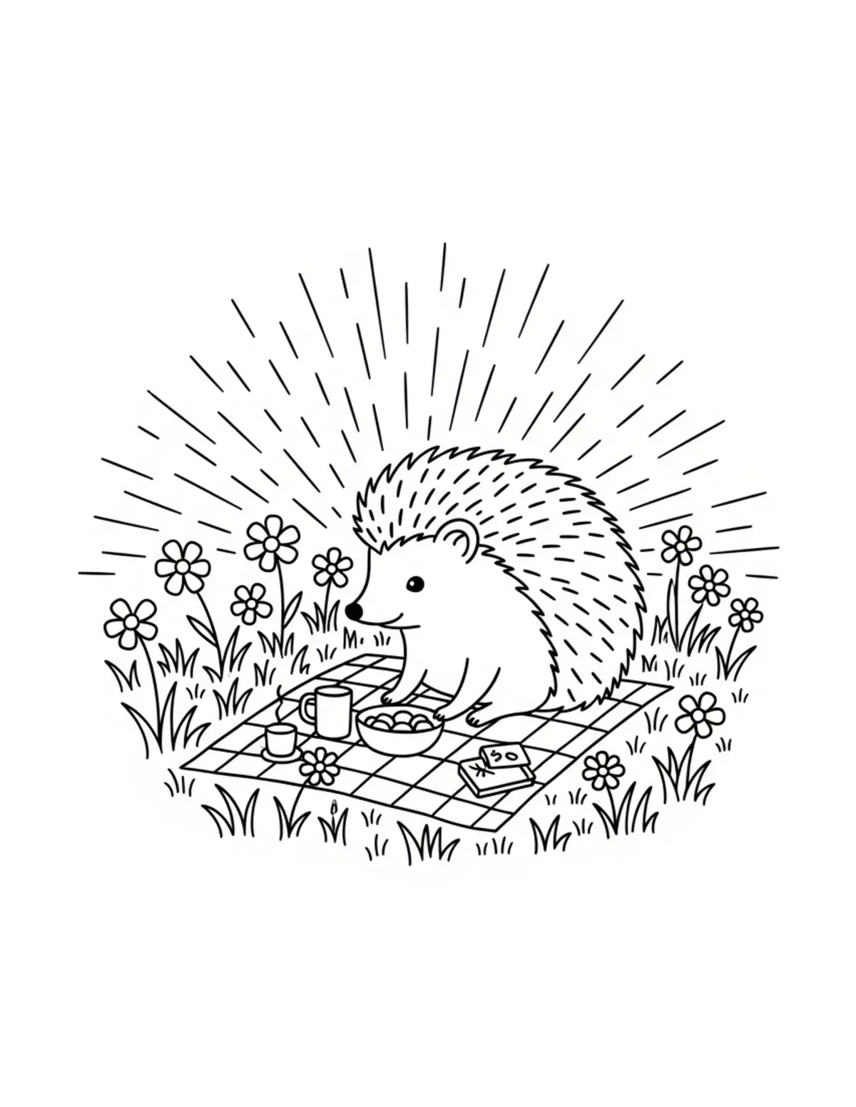 Free printable coloring page: hedgehog picnic in flower fiel coloring page. Cute and cozy hedgehog garden design for kids and adults to download and print.