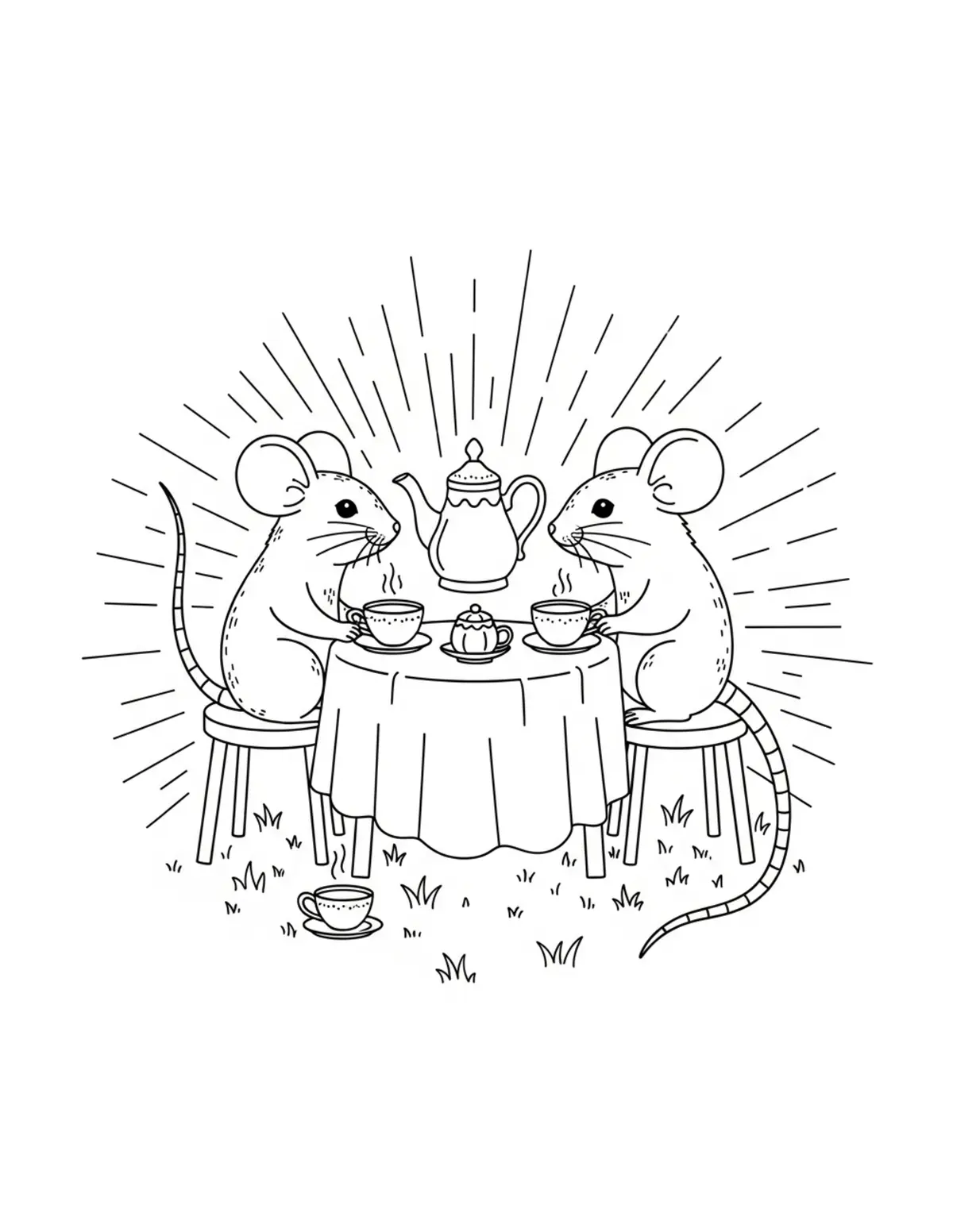 Free printable coloring page: mouse garden tea party coloring page. Cute and cozy mouse tea party design for kids and adults to download and print.
