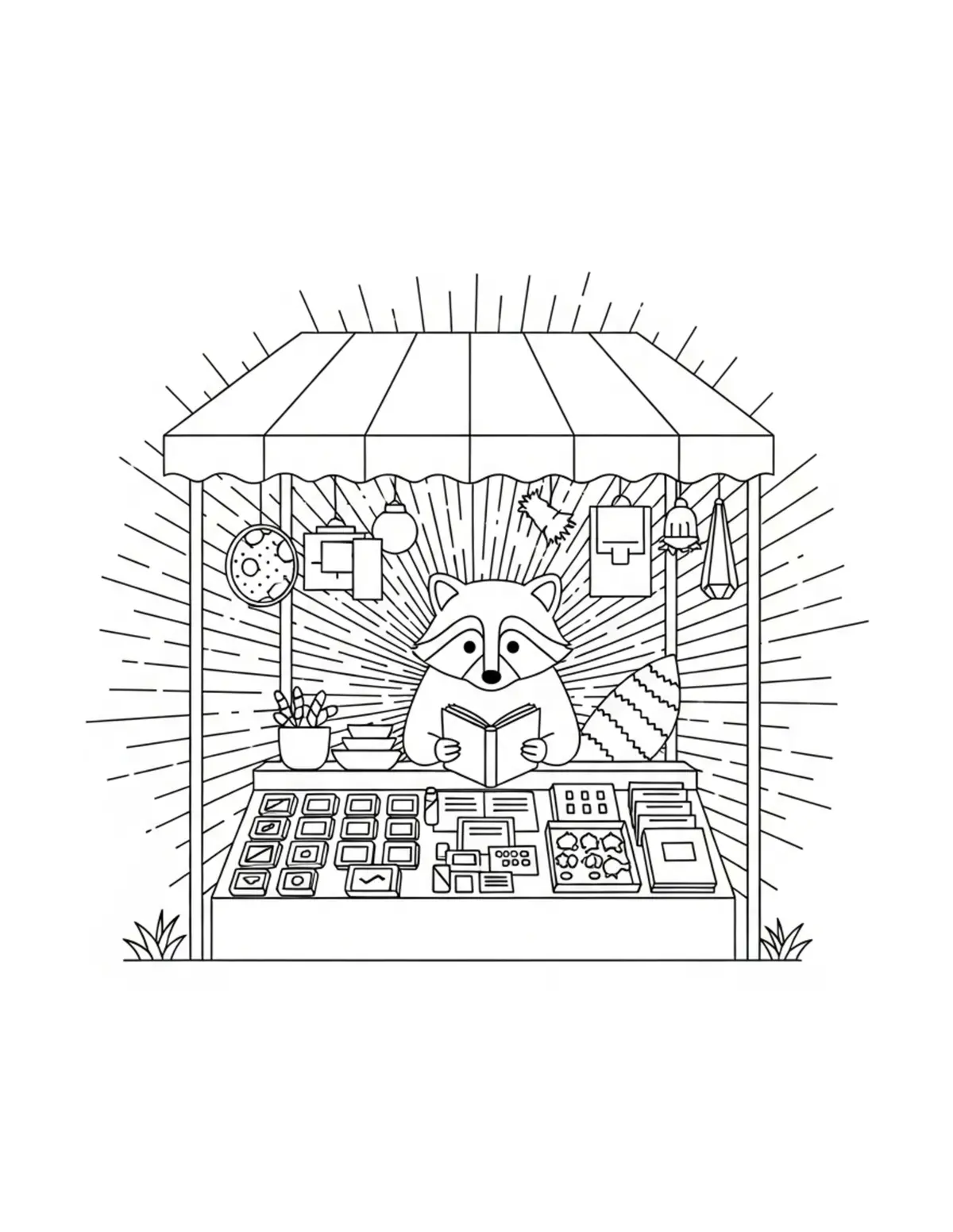 Raccoon Reading at Market Stall coloring page - free printable JPG featuring adorable raccoons at a market