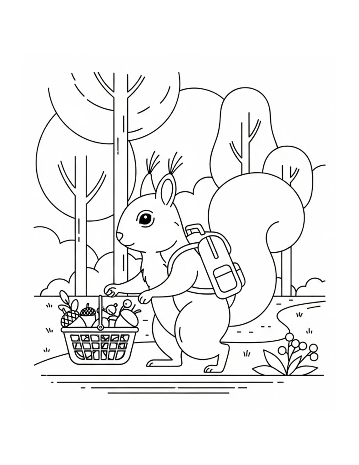 Squirrel Woodland Shopping coloring page - free printable JPG featuring adorable squirrels in a woodland scene