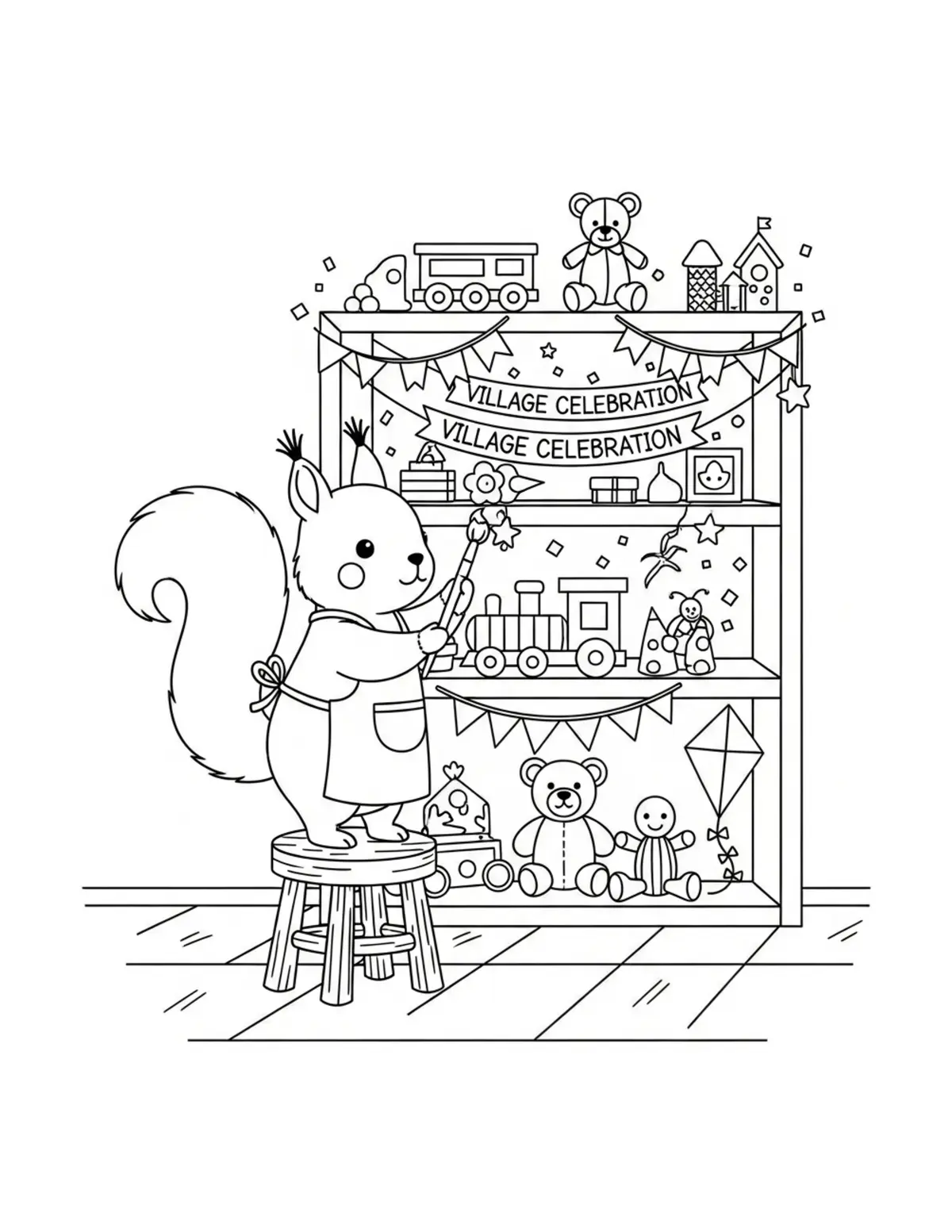 Adorable Squirrel Decorating A Coloring Page - free printable JPG featuring adorable tiny animal village scene