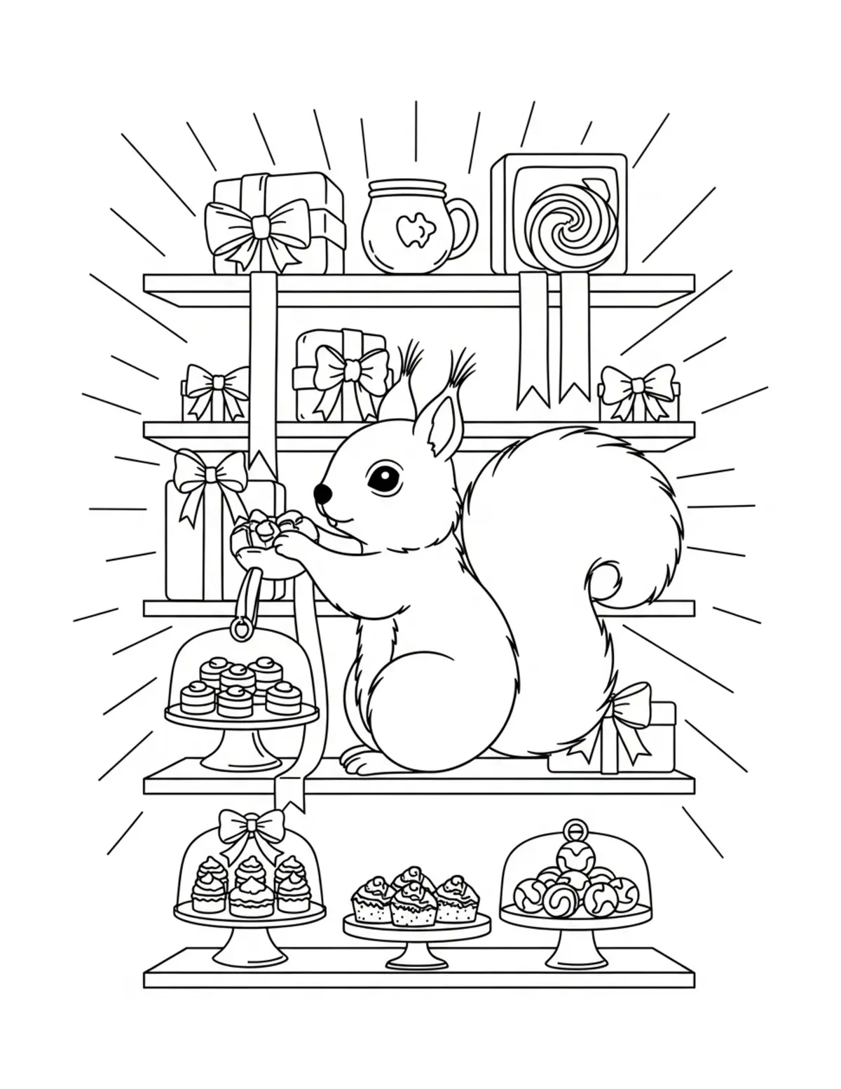 Adorable Squirrel Decorating S Coloring Page - free printable JPG featuring adorable tiny animal village scene