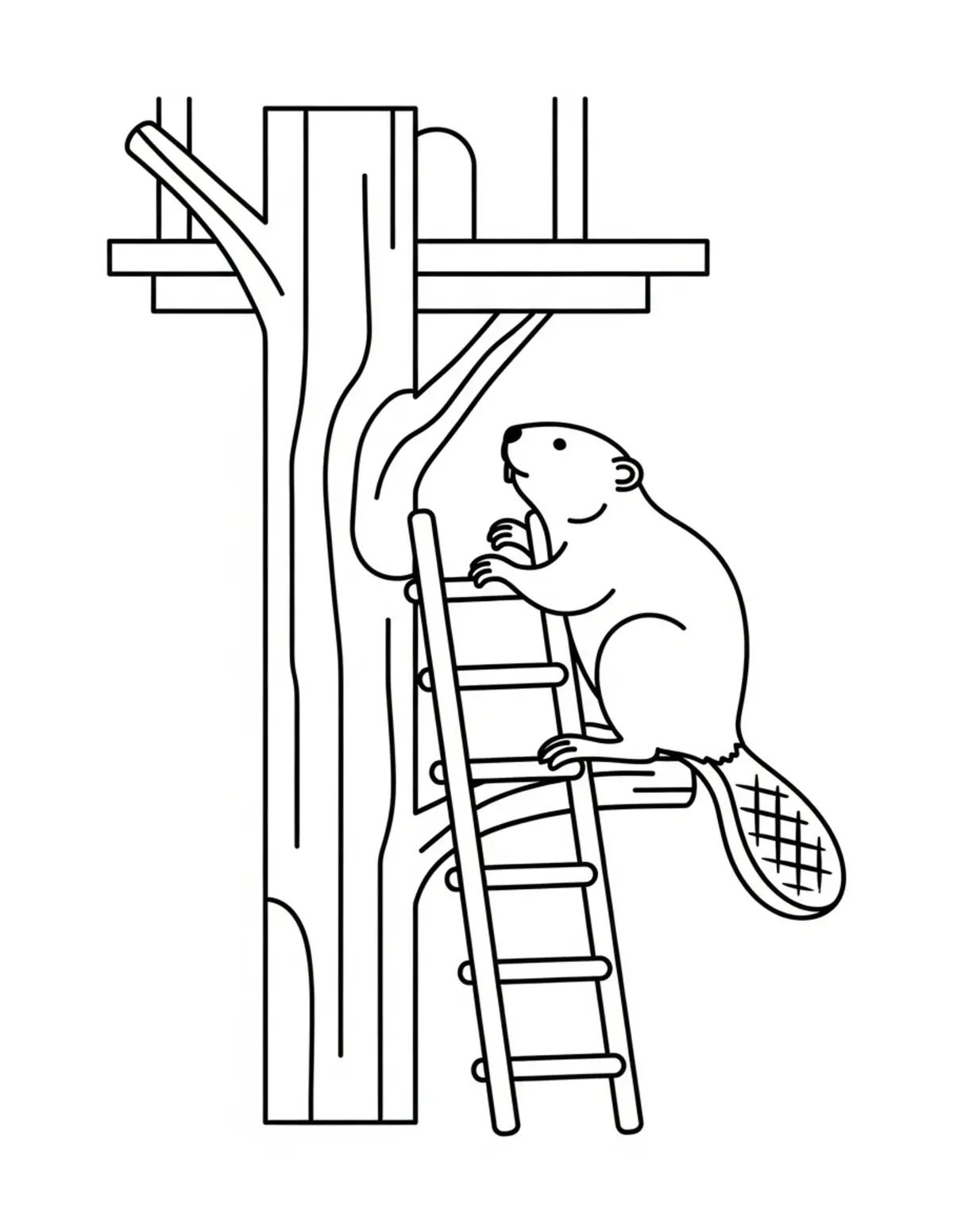 Beaver Building a Treehouse Ladder Coloring Page - free printable JPG featuring adorable woodland beaver