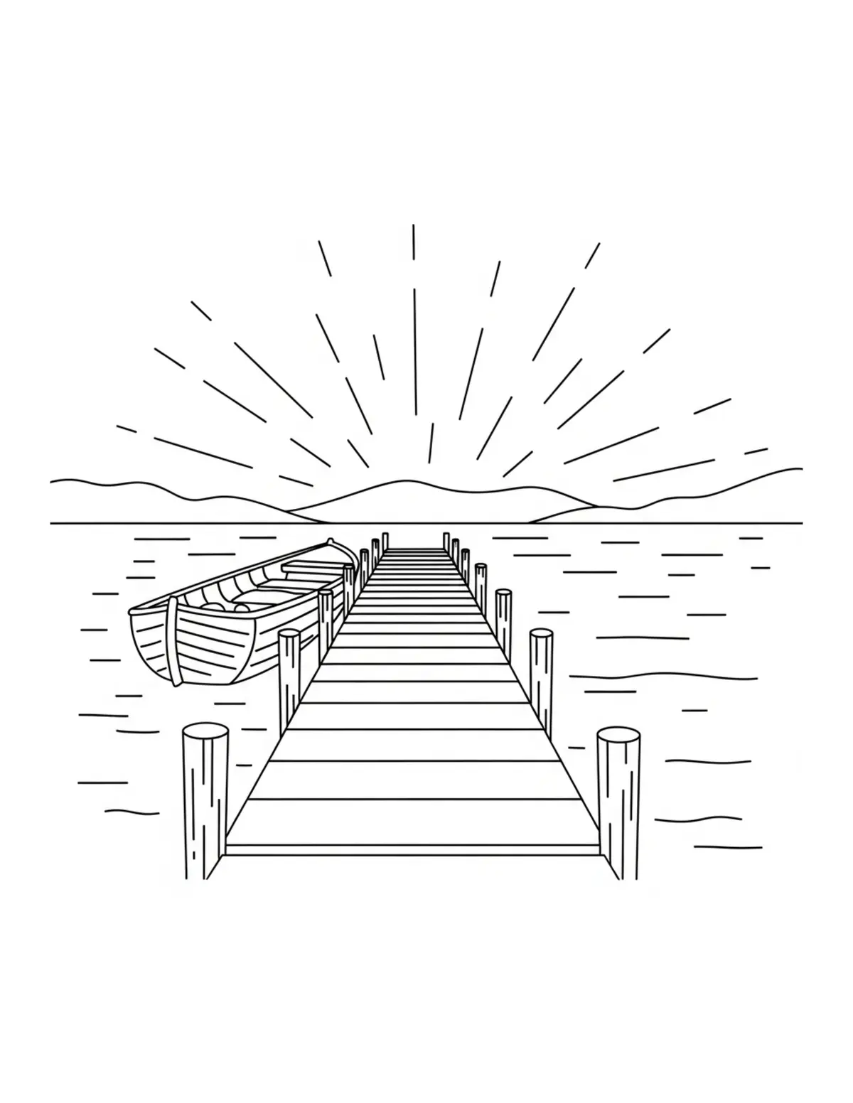 Free printable coloring page: cozy lake cottage dock coloring page. Cute and cozy summer design for kids and adults to download and print.
