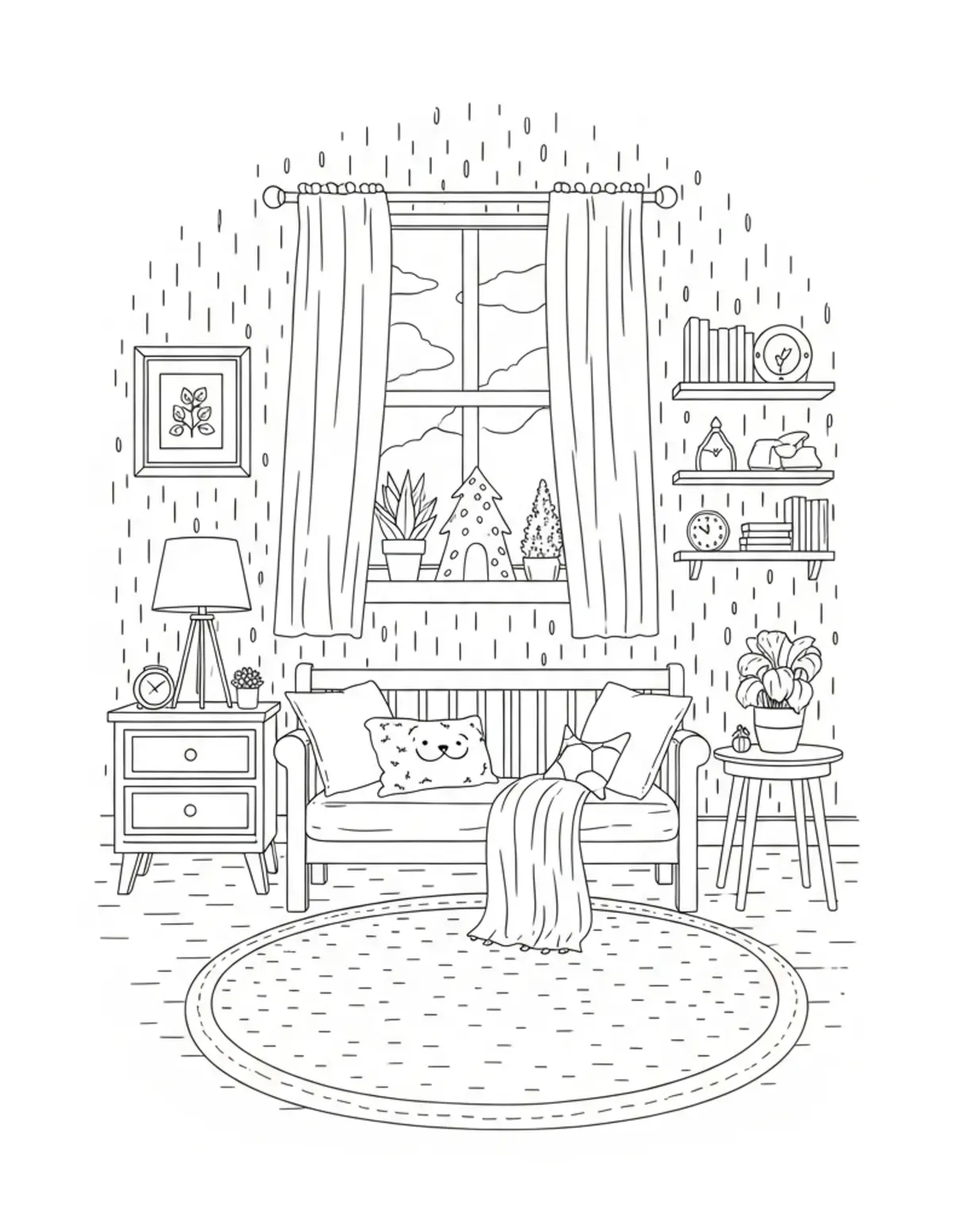 Free printable coloring page: cozy woodland keepsake room coloring page. Cute and cozy design for kids and adults to download and print.