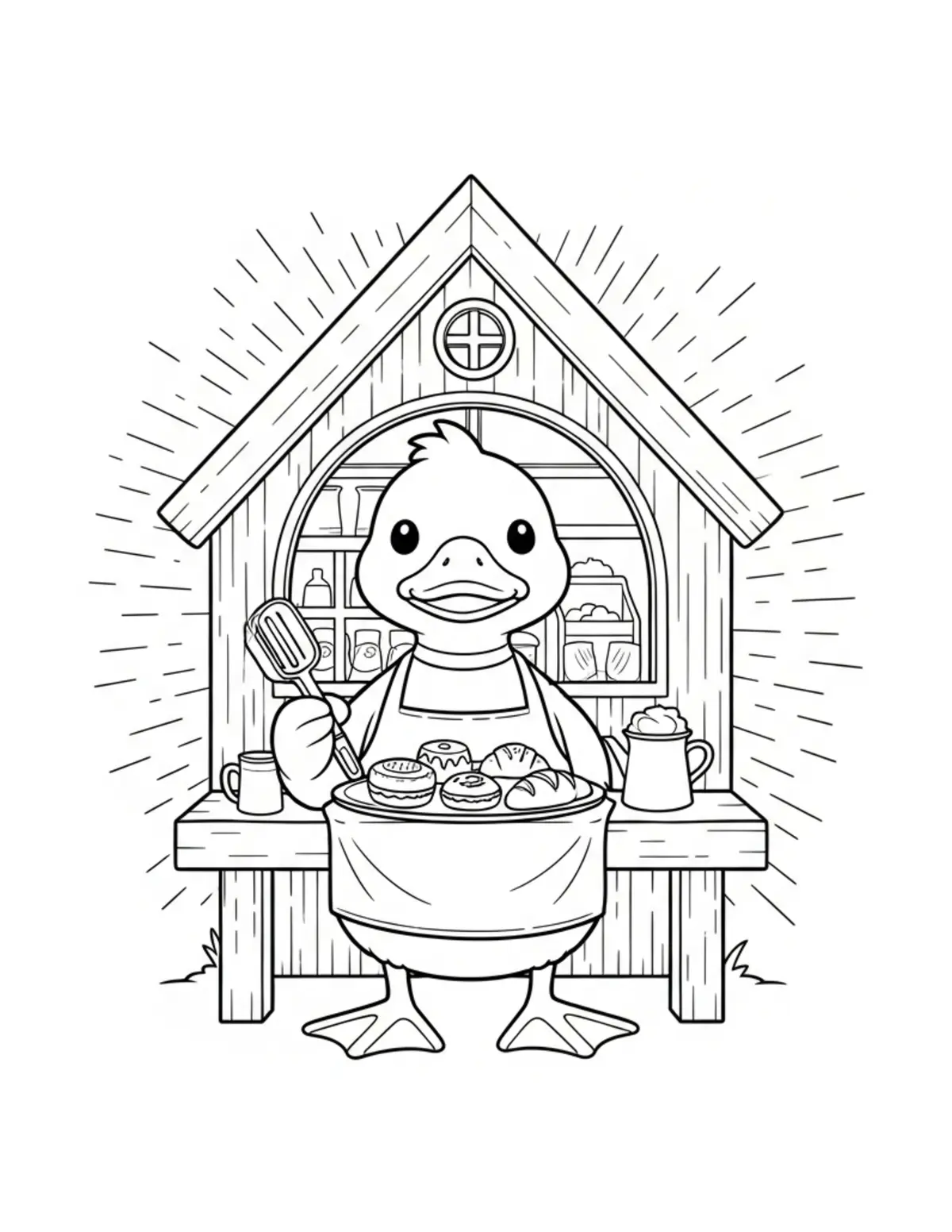 Cute Duck Bakery Cottage Color — free printable cozy coloring coloring page for kids and adults