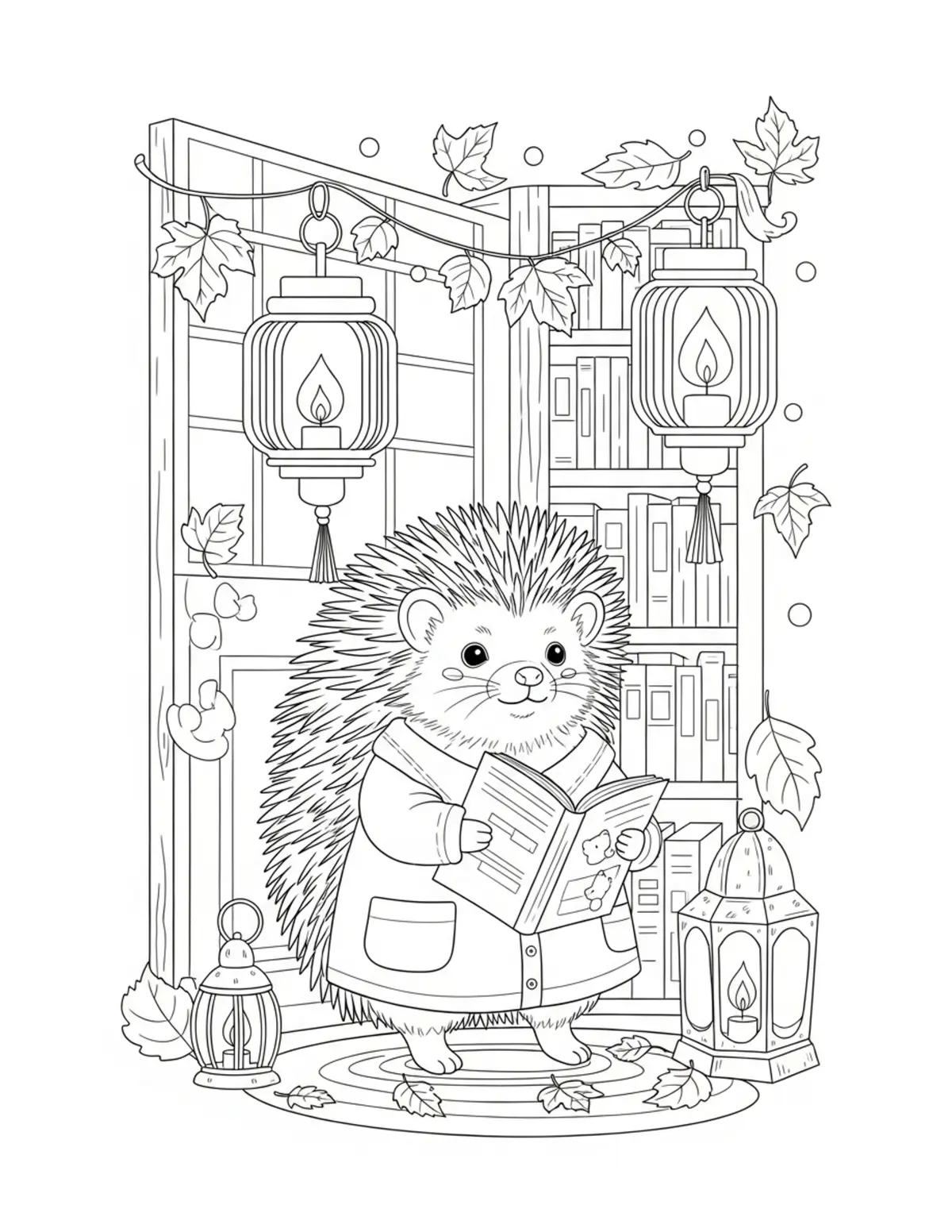 Free printable coloring page: cute hedgehog autumn bookstore coloring page. Cute design for kids and adults.