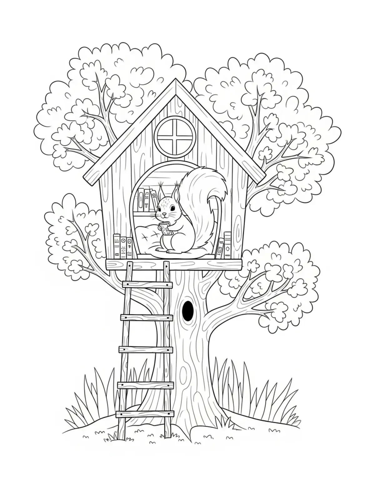 Cute Squirrel Treehouse Colori — free printable cozy coloring coloring page for kids and adults