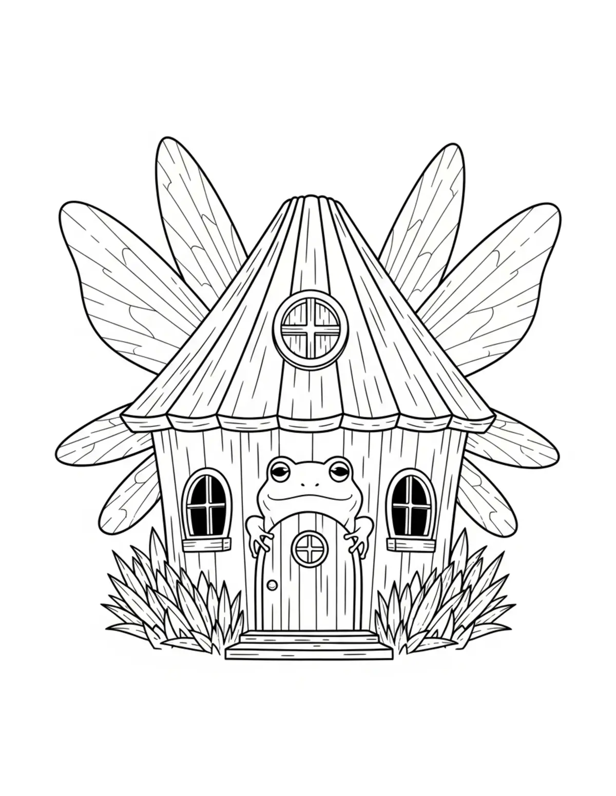 Free printable coloring page: frog fairy house coloring page. Cute and cozy design for kids and adults to download and print.