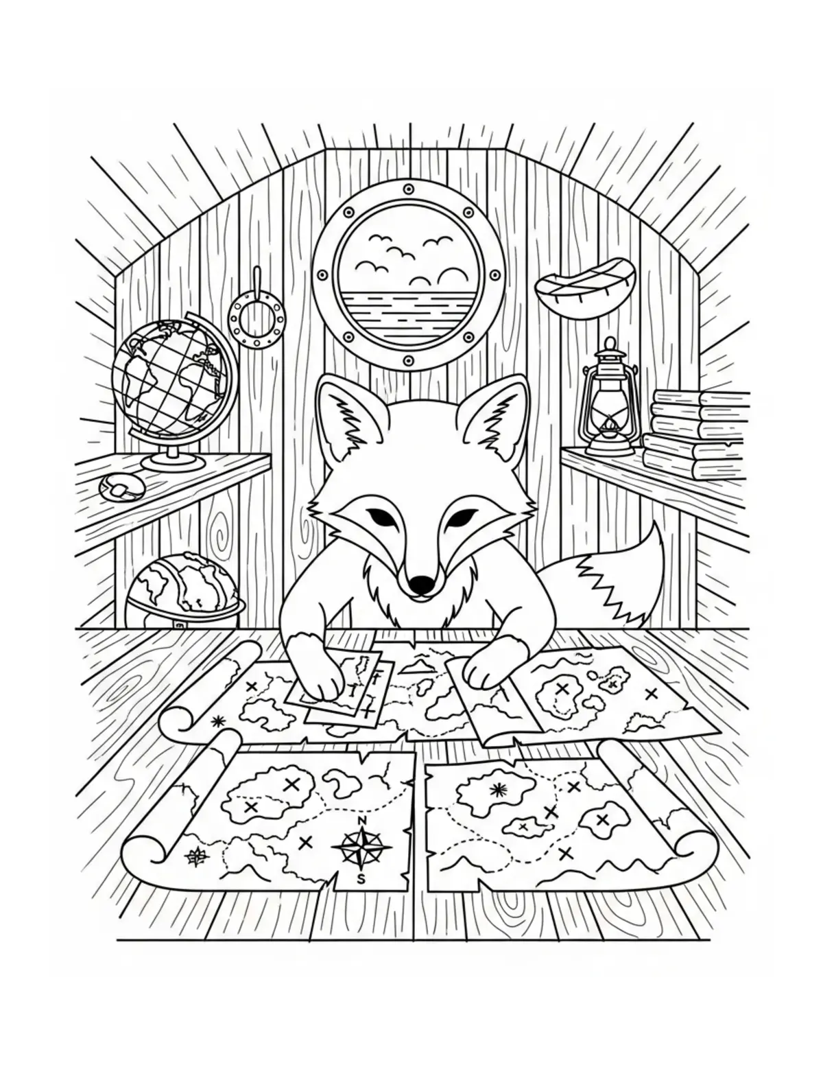 Little Fox Arranging Treasure coloring page - free printable JPG featuring adorable woodland animals