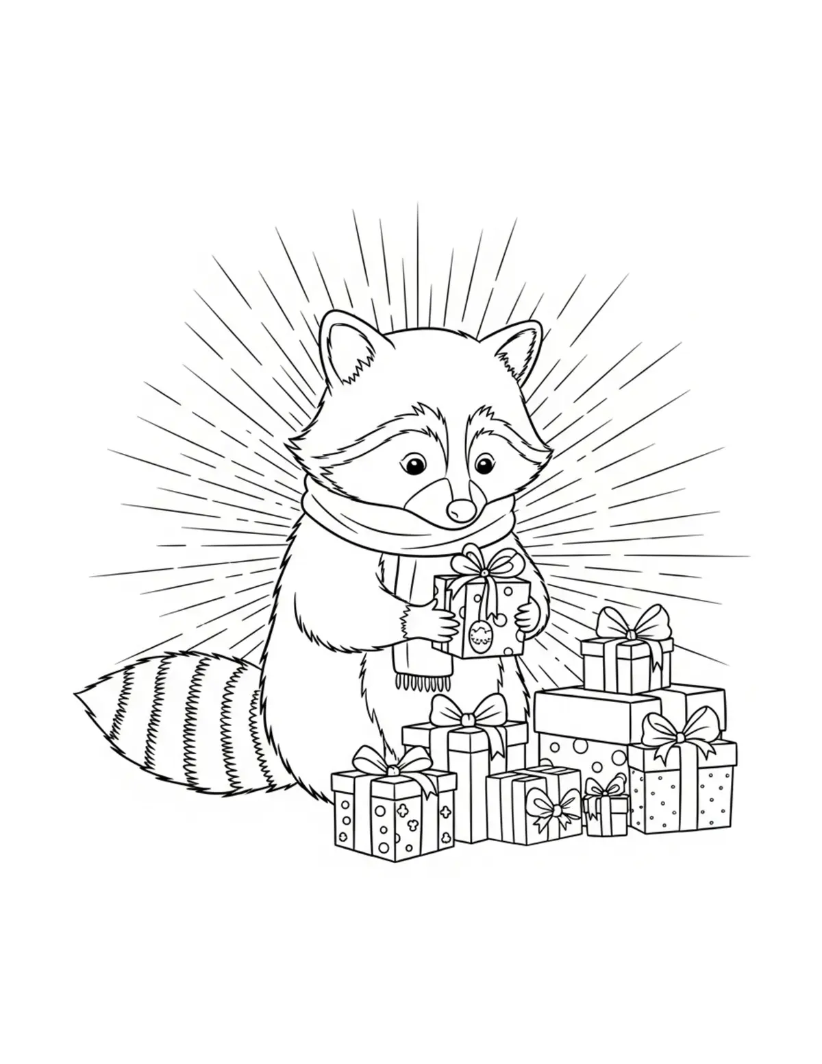 Free printable coloring page: little raccoon preparing handm coloring page. Cute and cozy tiny animal design for kids and adults to download and print.