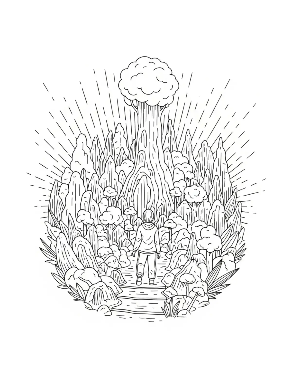 Free printable coloring page: lost-forest-discovery-route coloring page. Cute and cozy design for kids and adults to download and print.