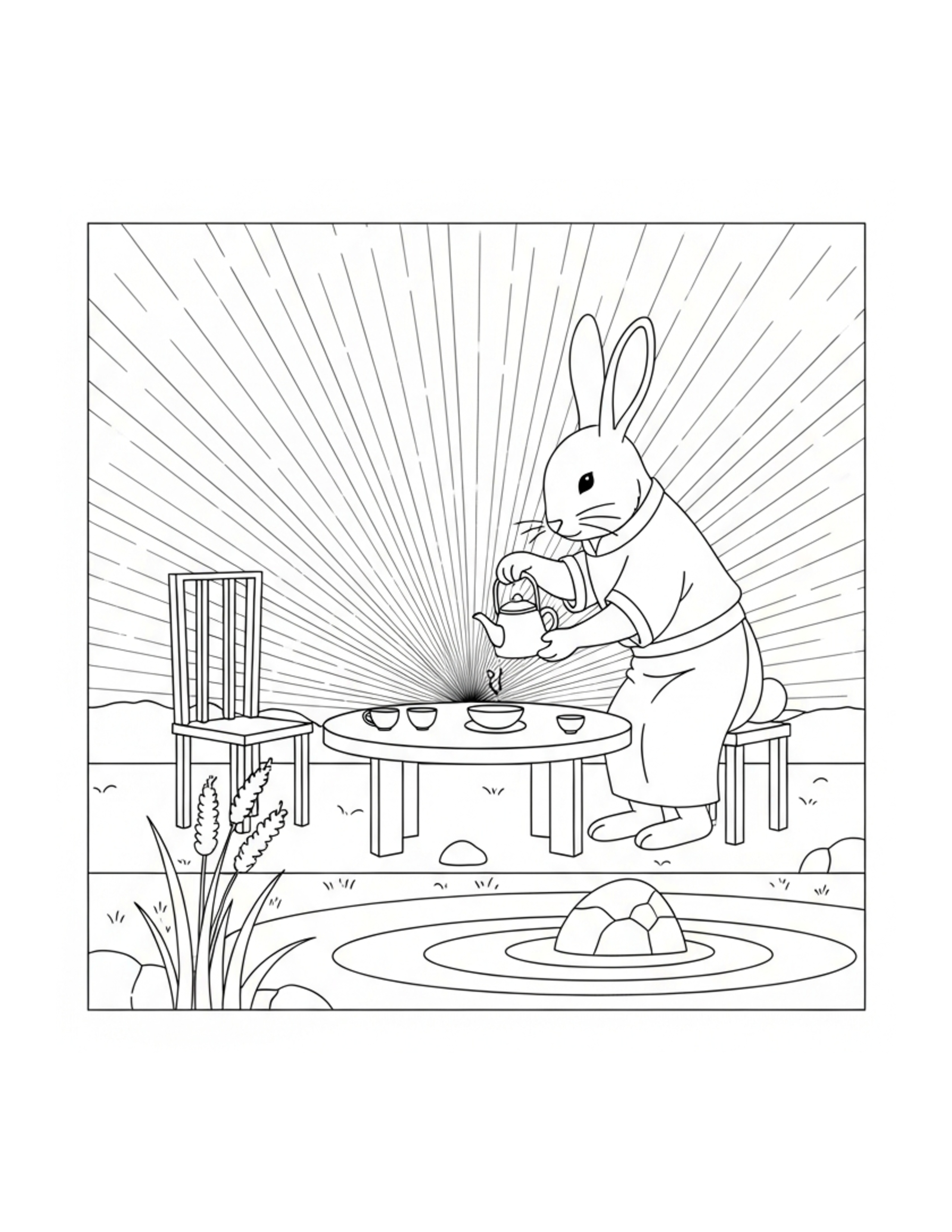 Rabbit Preparing A Tea Table Coloring Page - free printable JPG featuring adorable rabbit