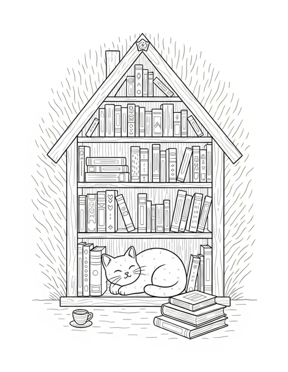 Free printable coloring page: tiny-cat-relaxing-in-a-cottage coloring page. Cute and cozy design for kids and adults to download and print.