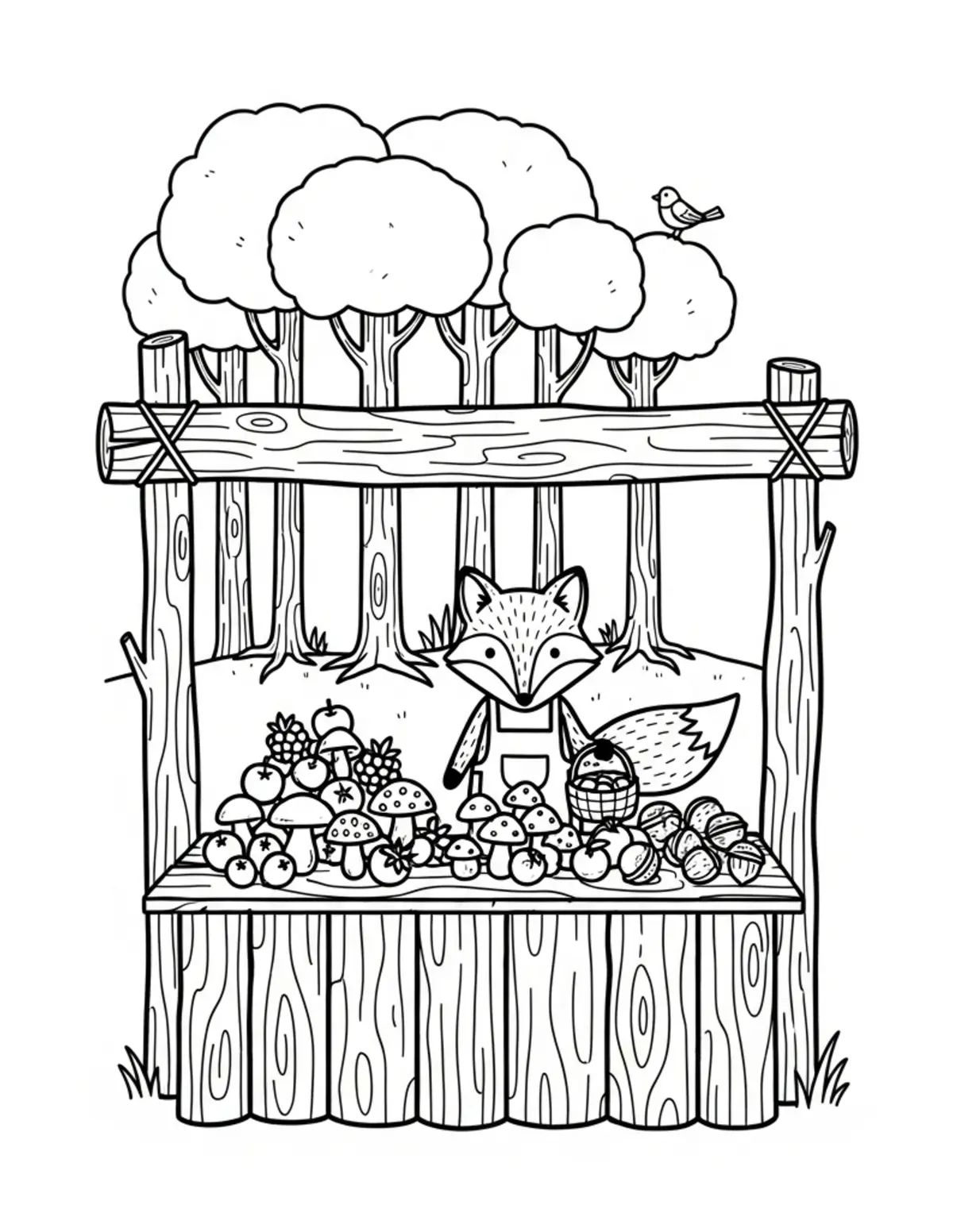 Free printable coloring page: tiny-fox-managing-a-forest-fru coloring page. Cute and cozy design for kids and adults to download and print.