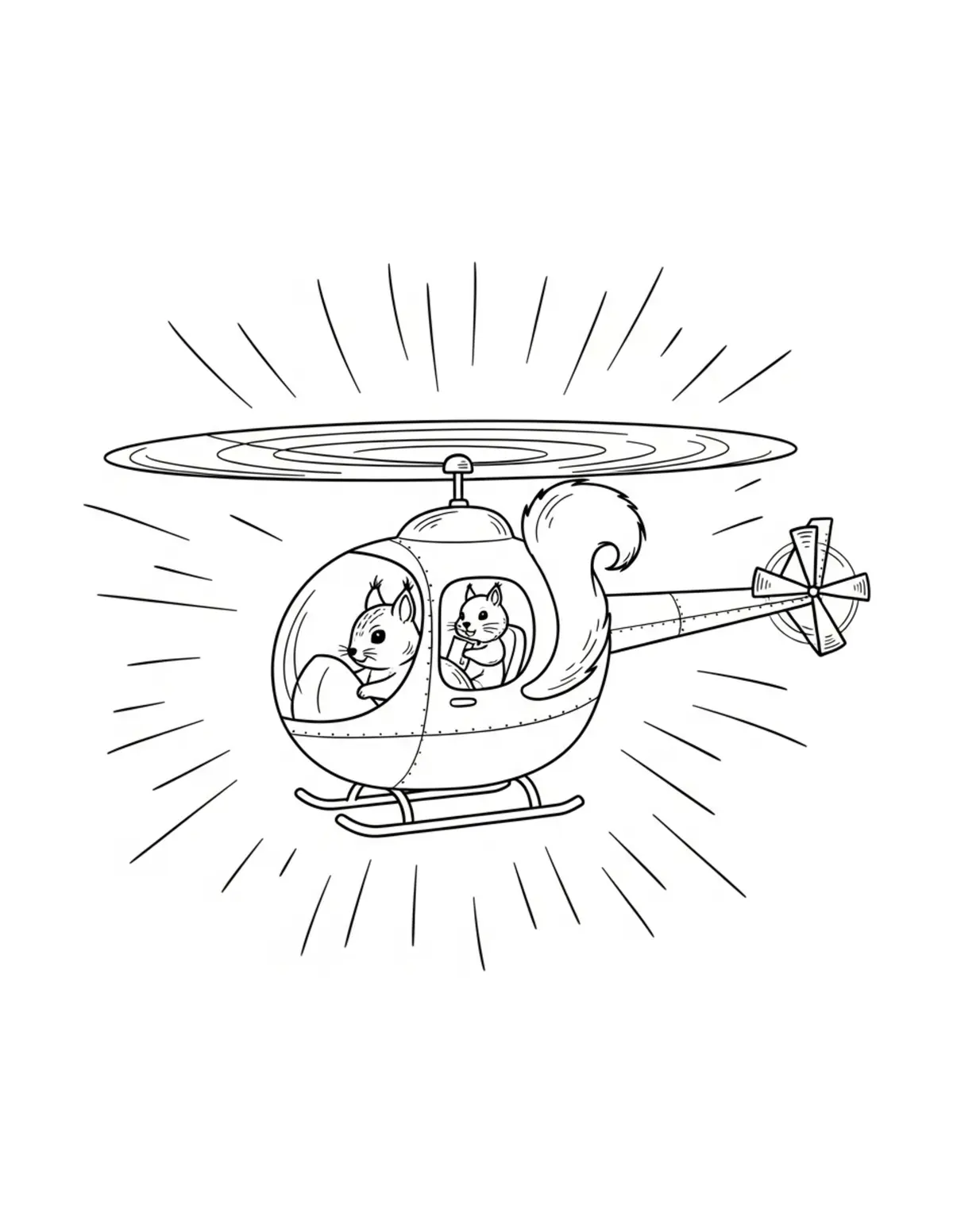 Free printable coloring page: tiny-squirrel-flying-a-cozy-he coloring page. Cute and cozy design for kids and adults to download and print.