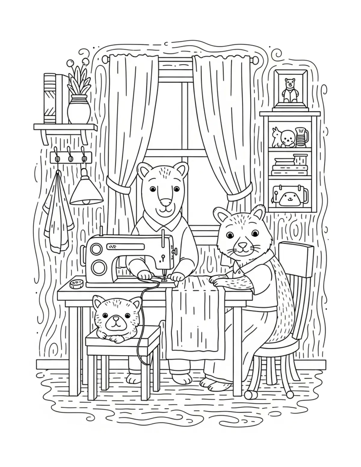 Free printable coloring page: animal-sewing-room coloring page. Cute and cozy design for kids and adults to download and print.