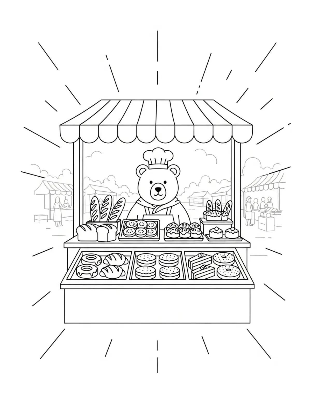Free printable coloring page: bear-bakery-market-stall coloring page. Cute and cozy design for kids and adults to download and print.