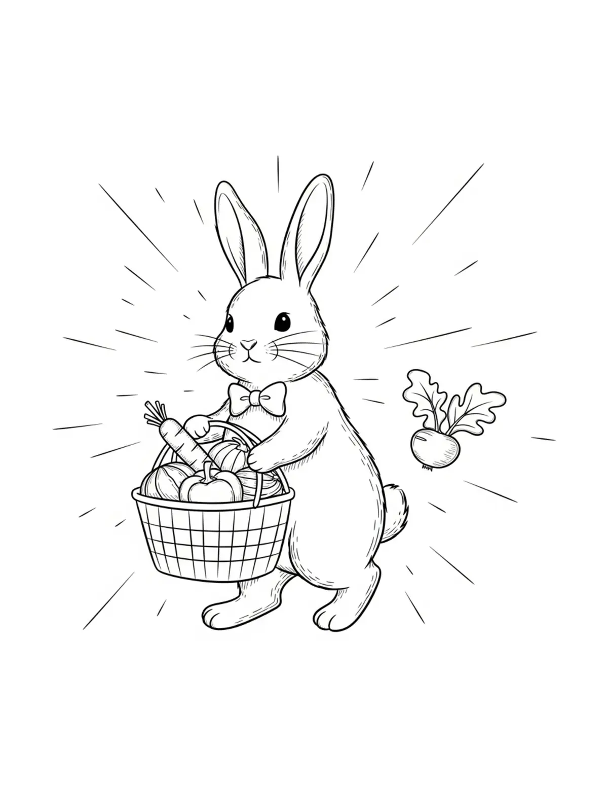Free printable coloring page: bunny collecting vegetables coloring page. Cute and cozy design for kids and adults to download and print.
