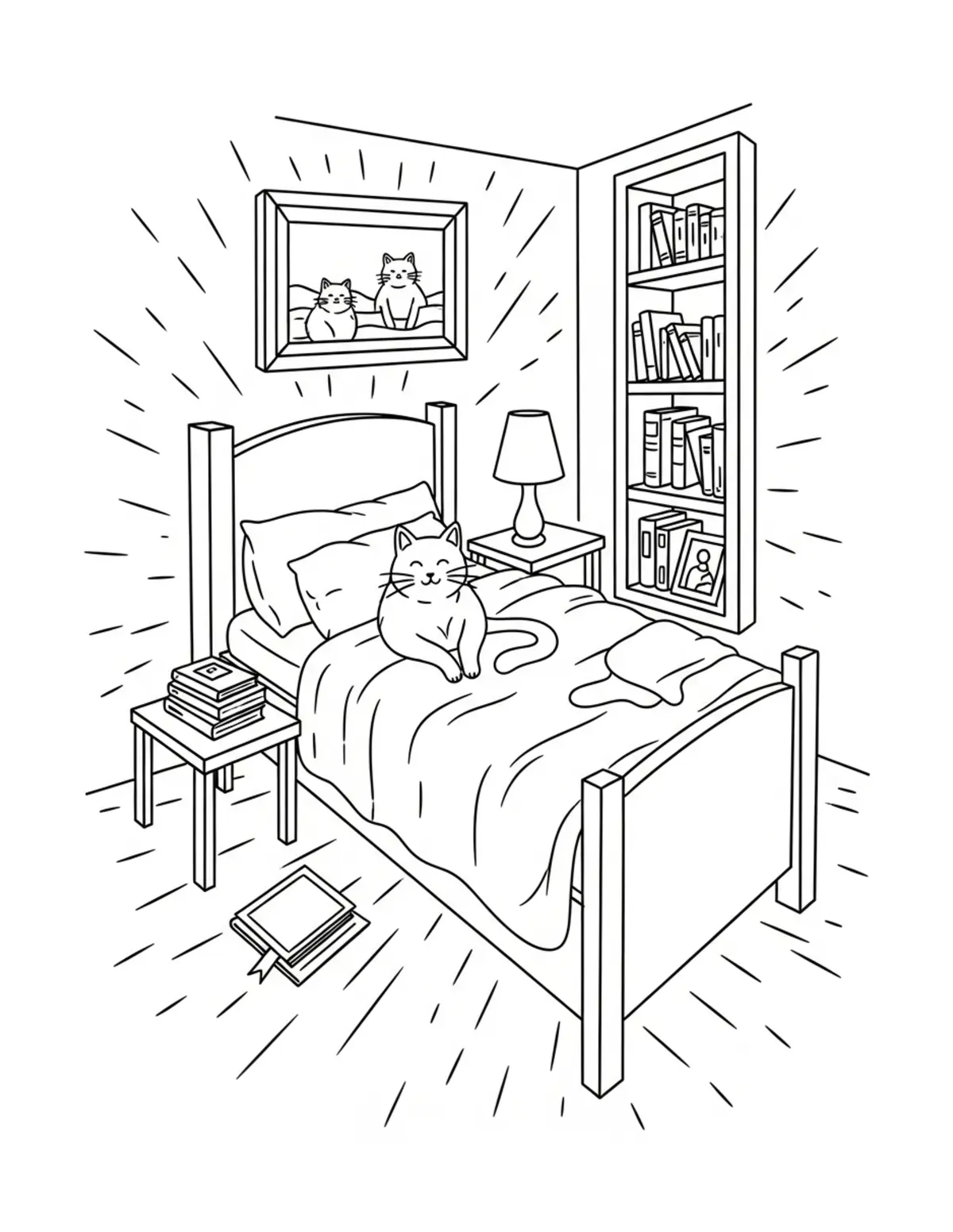 Cat Bedroom With Blankets And — free printable cozy coloring coloring page for kids and adults