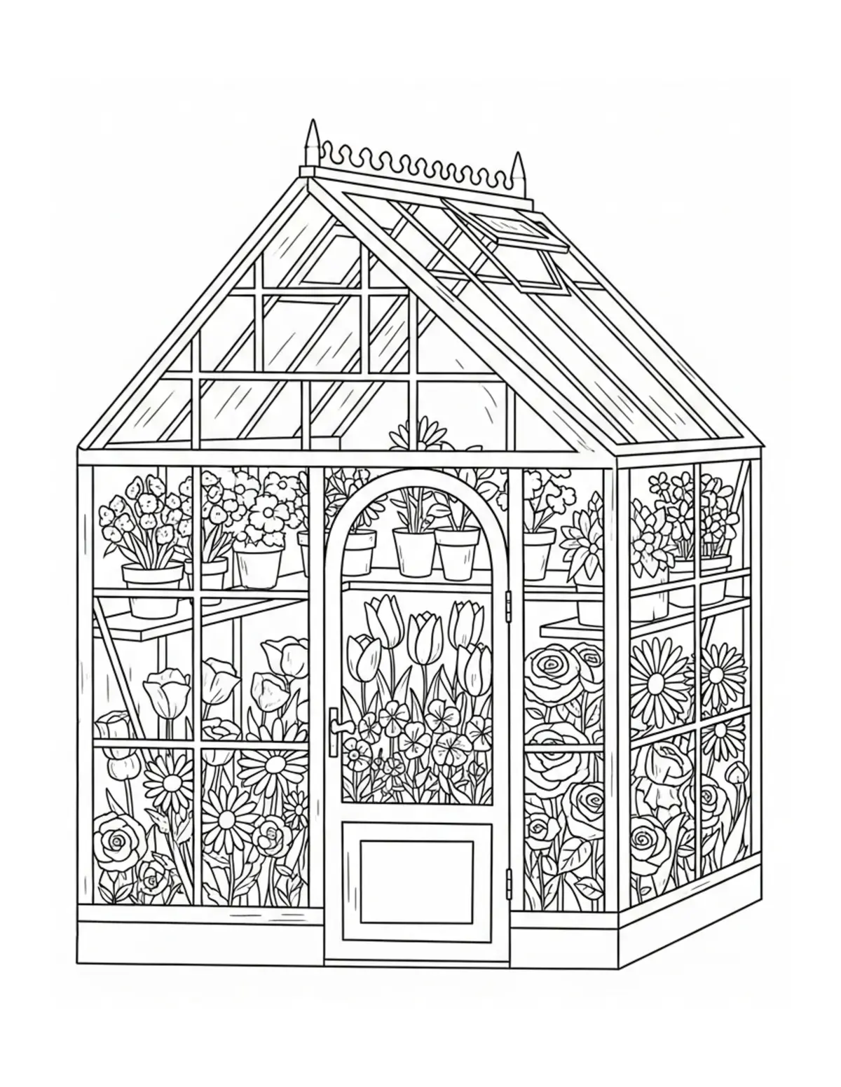Free printable coloring page: greenhouse filled coloring page. Cute and cozy design for kids and adults to download and print.