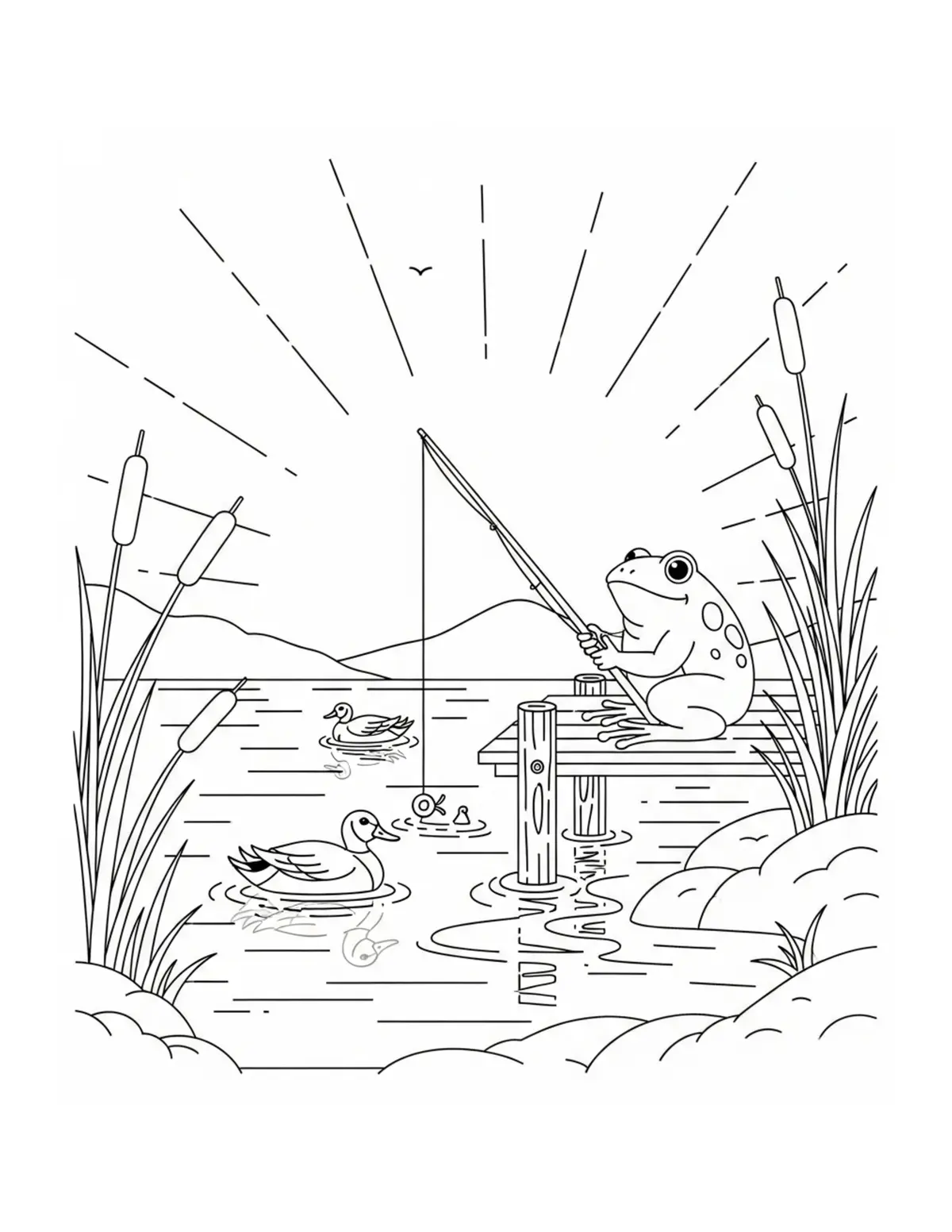 Free printable coloring page: cute frog fishing from wooden coloring page. Cute and cozy animal design for kids and adults to download and print.