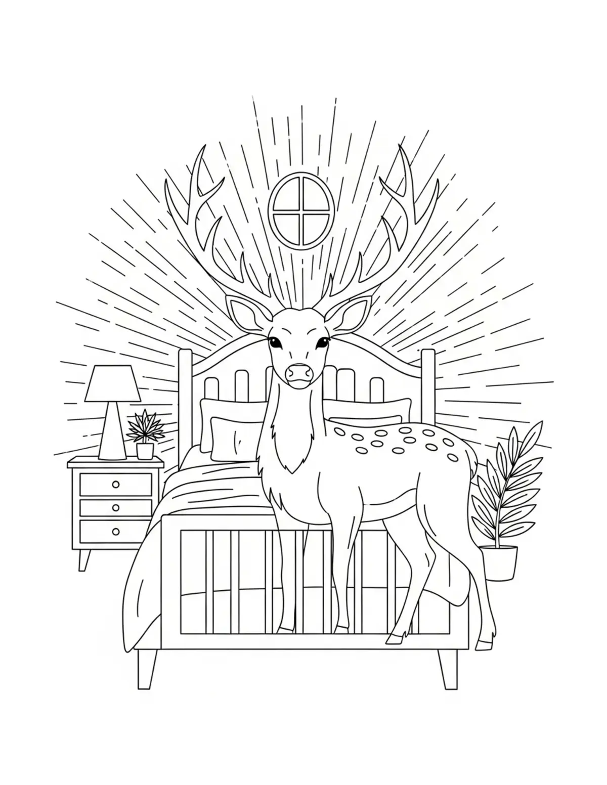 Free printable coloring page: deer cottage bedroom coloring page. Cute and cozy deer cottage design for kids and adults to download and print.