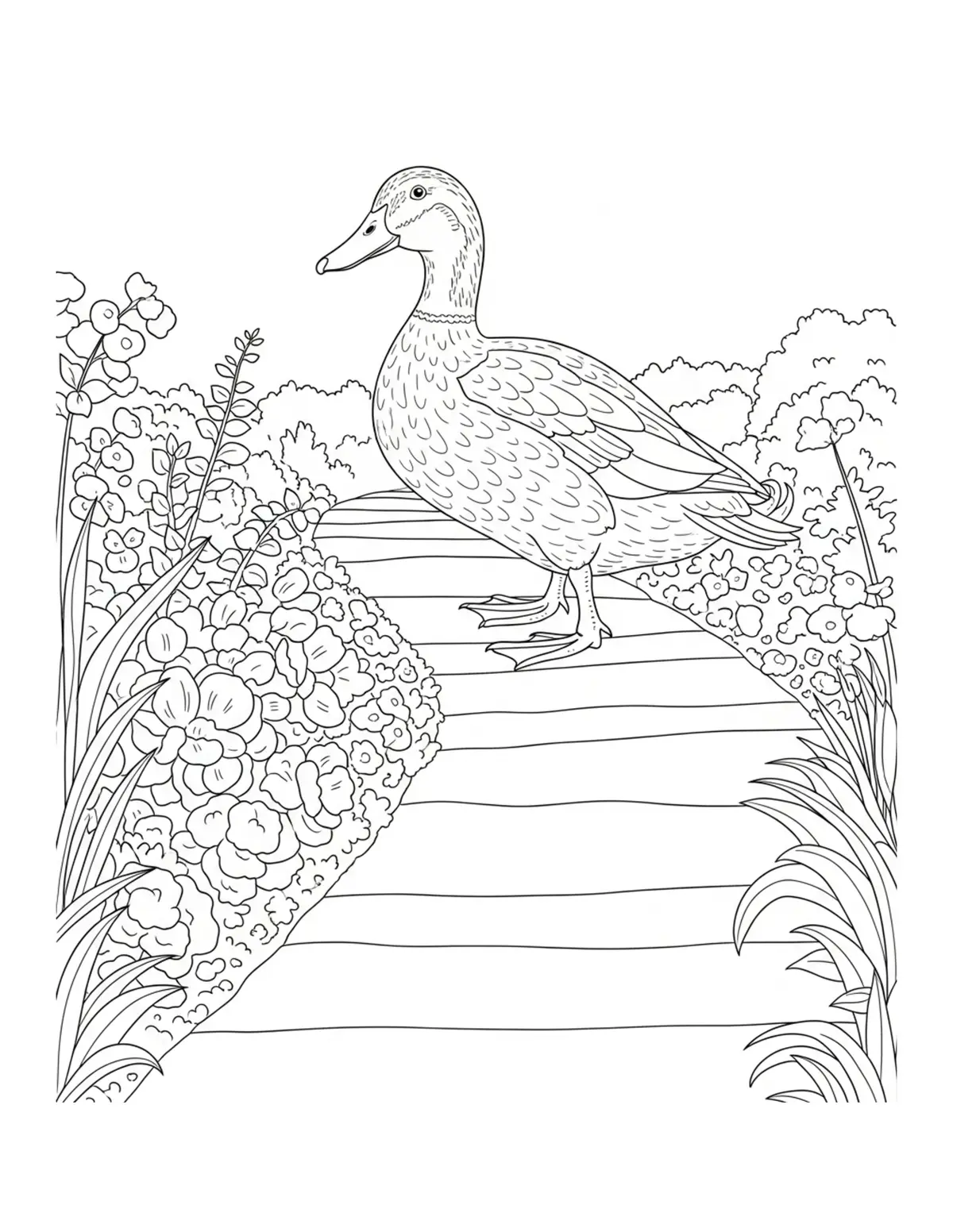 Duck Walking Garden Pathway Coloring Page - free printable JPG featuring adorable duck scenes