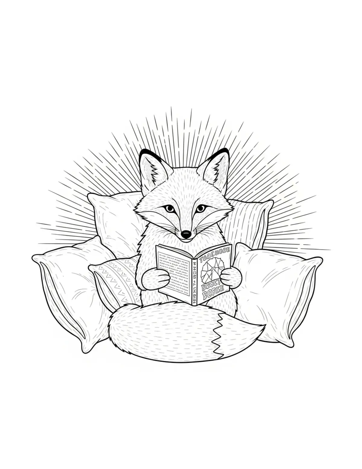 Free printable coloring page: fox reading nook with pillows coloring page. Cute and cozy bookstore and reading design for kids and adults to download and print.
