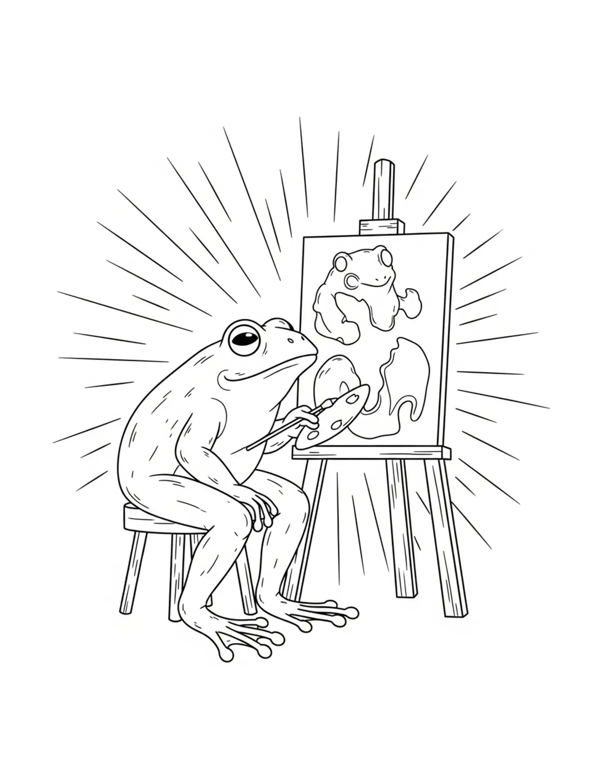 Free printable coloring page: frog artist studio coloring page. Cute and cozy design for kids and adults to download and print.