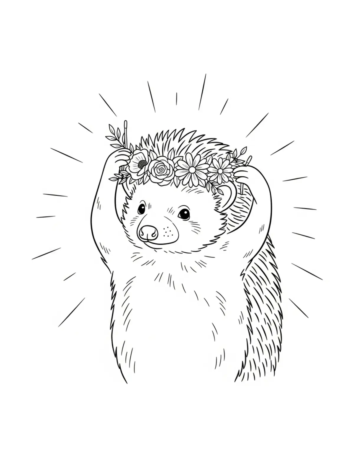 Free printable coloring page: hedgehog flower crown making coloring page. Cute and cozy hedgehog garden design for kids and adults to download and print.