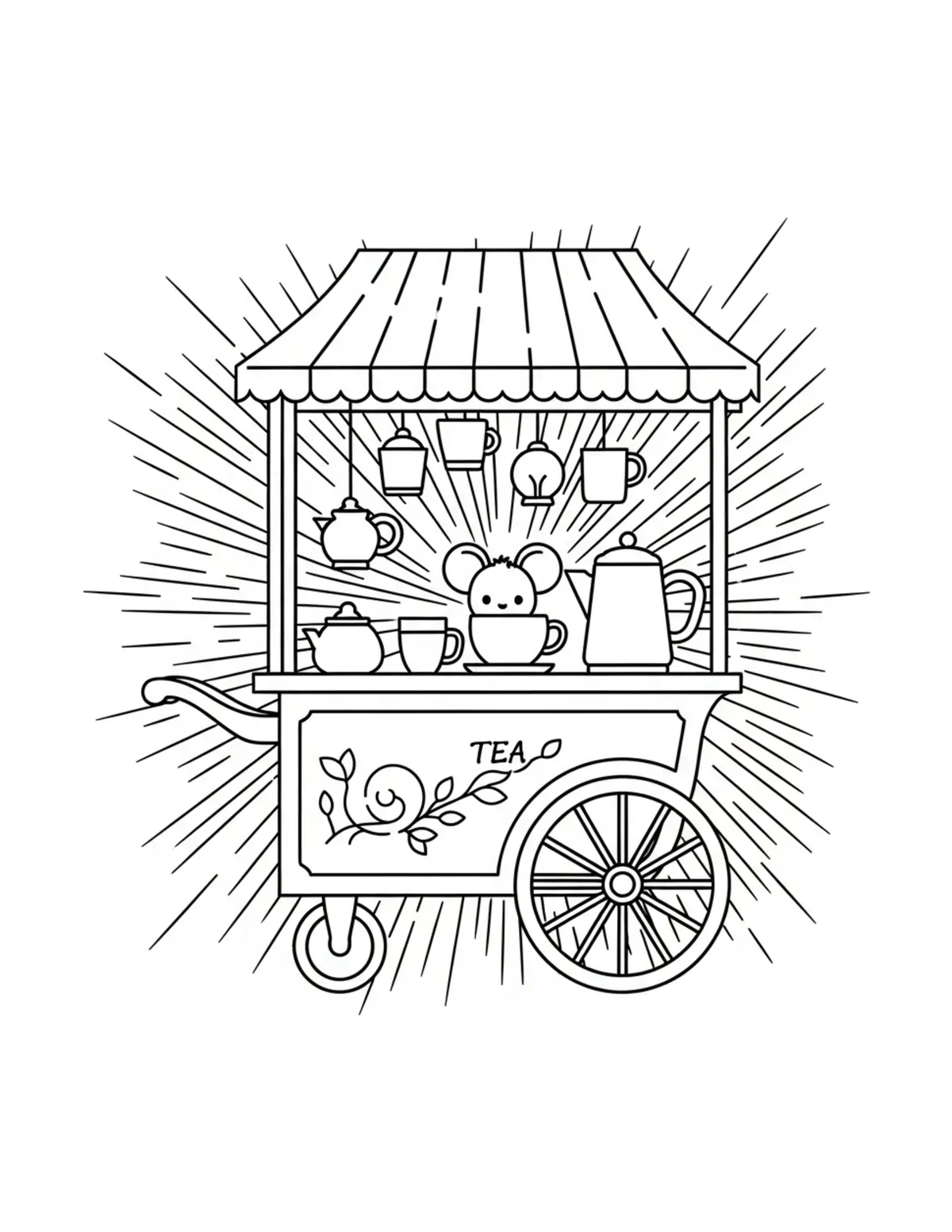 Free printable coloring page: mouse tea cart coloring page. Cute and cozy mouse tea party design for kids and adults to download and print.