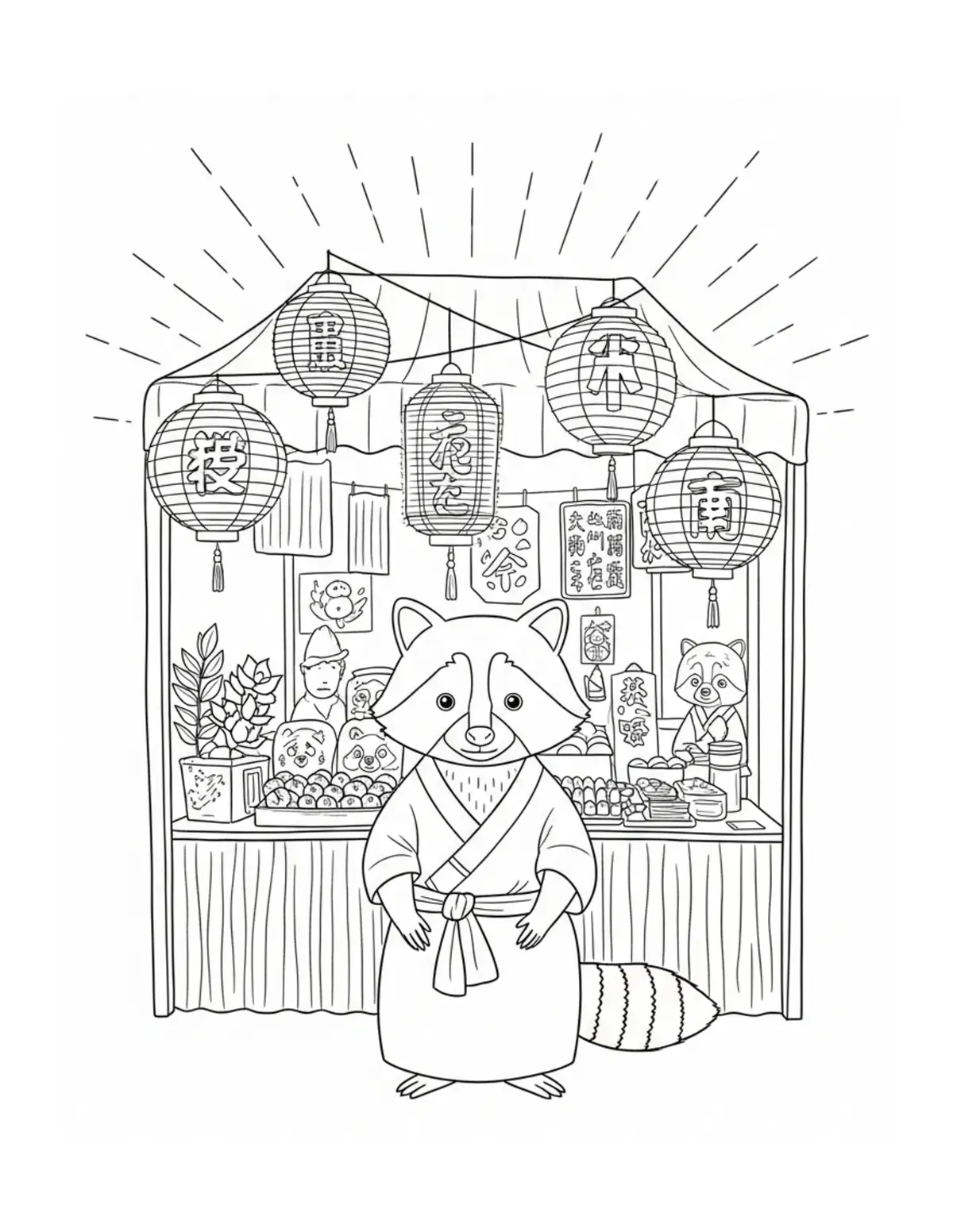 Raccoon Market Lantern Scene coloring page - free printable JPG featuring adorable raccoons at a market