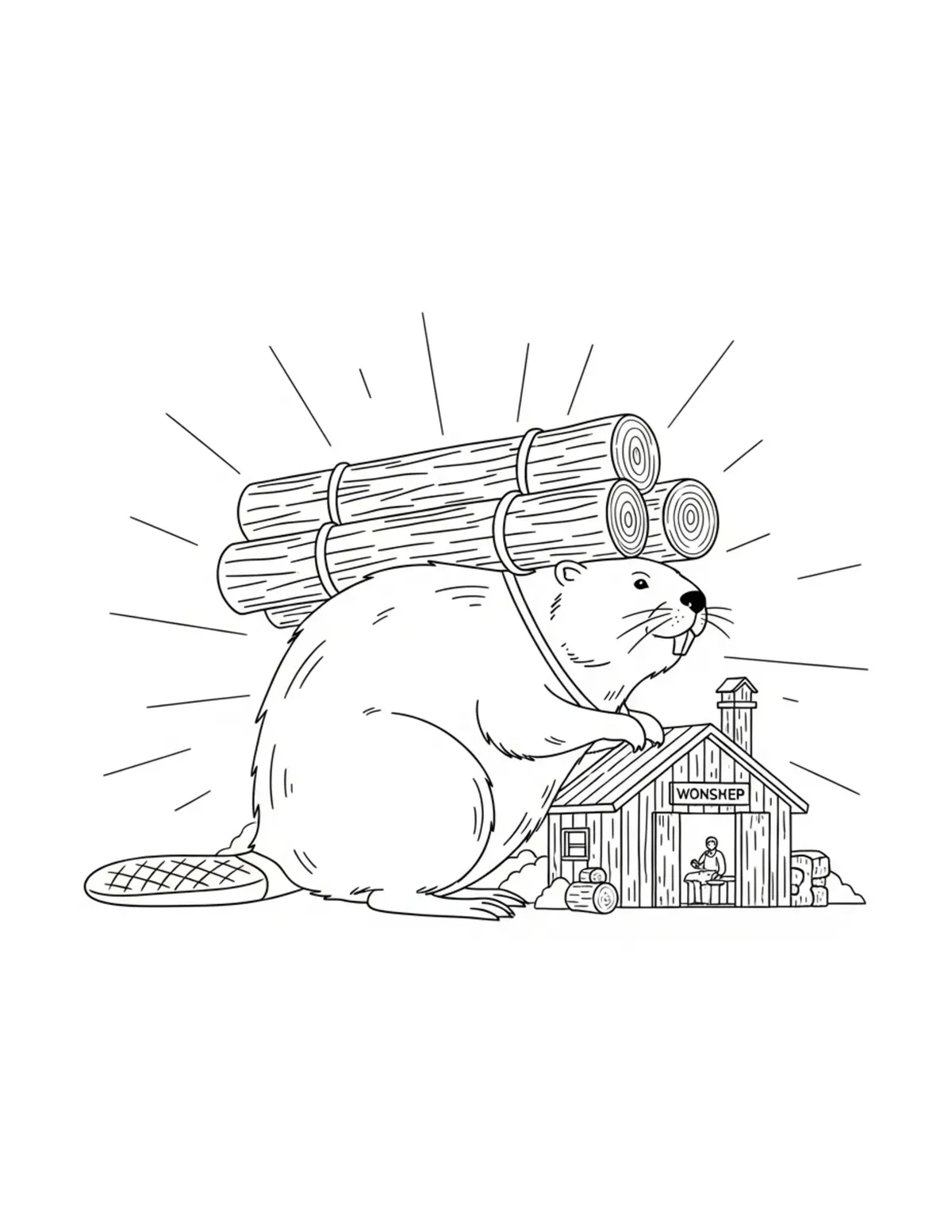 Beaver Carrying Logs to a Workshop Coloring Page - free printable JPG featuring adorable woodland beaver