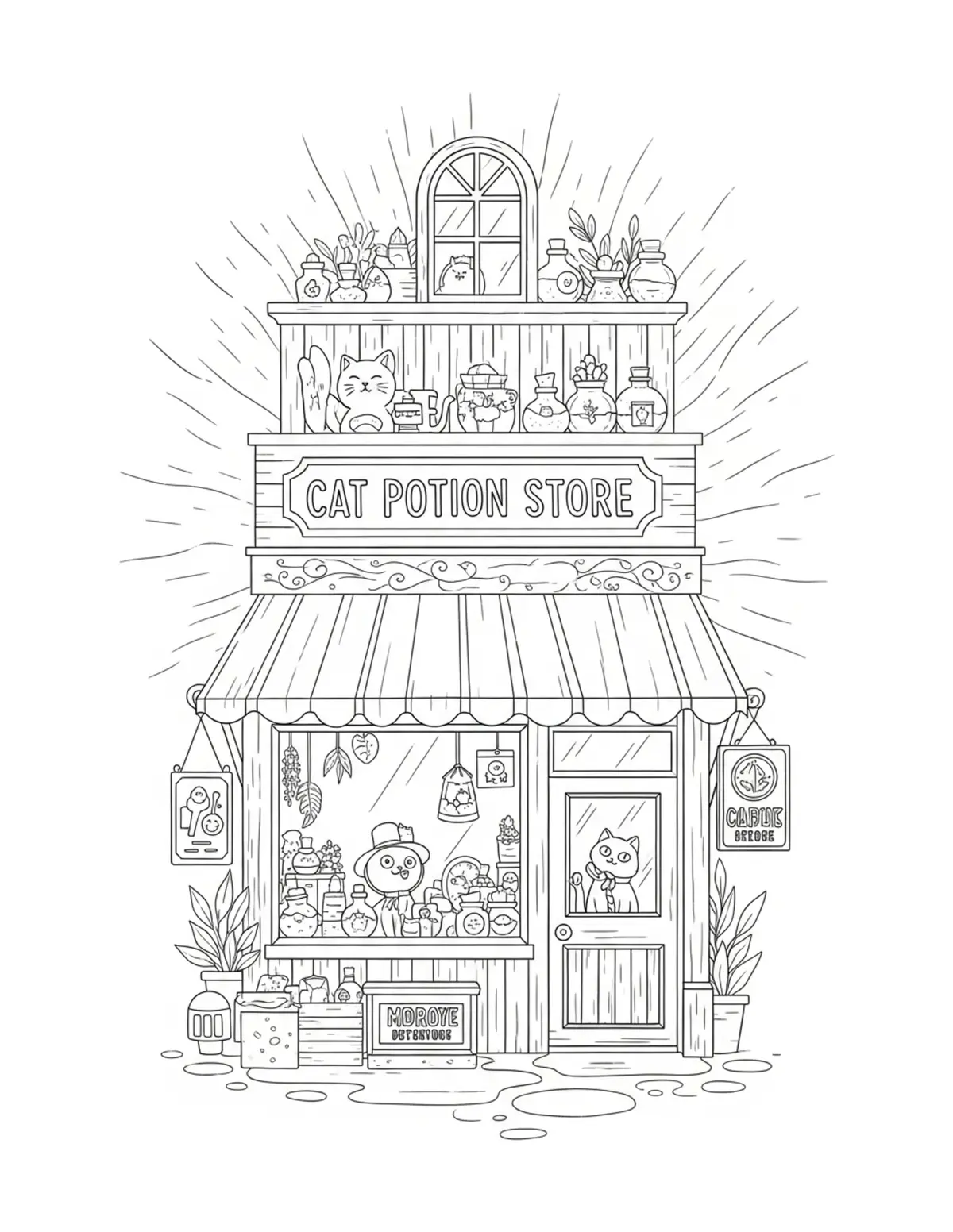 Free printable coloring page: cat potion store coloring page. Cute and cozy design for kids and adults to download and print.