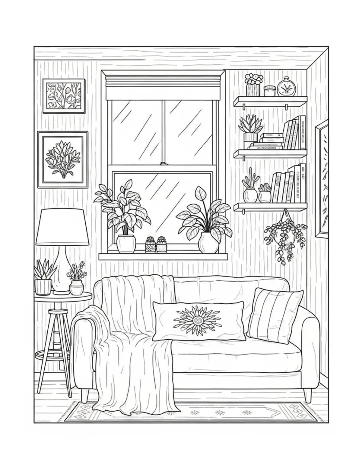 Free printable coloring page: cozy botanical collection room coloring page. Cute and cozy design for kids and adults to download and print.