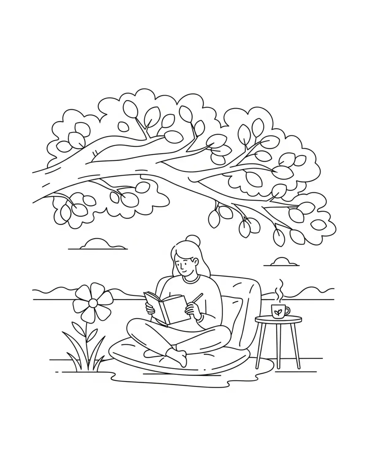 Free printable coloring page: cozy summer outdoor journaling coloring page. Cute and cozy summer design for kids and adults to download and print.