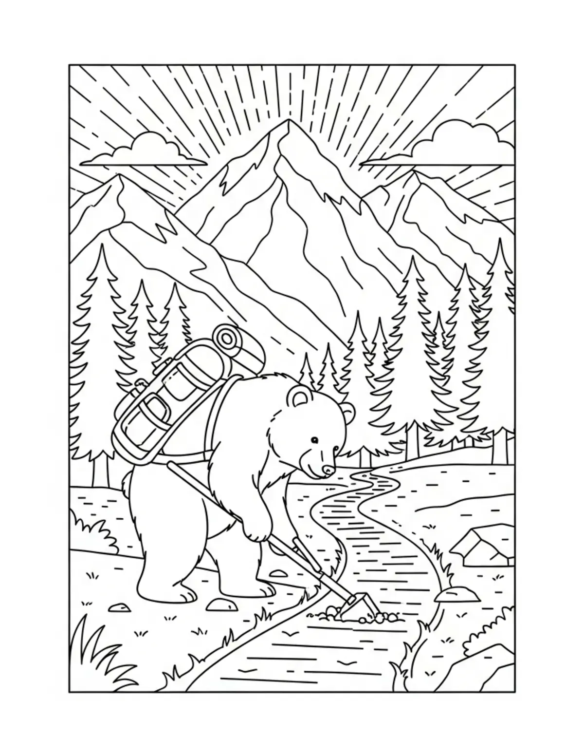 Cute Bear Repairing Hiking Trail Signs coloring page - free printable JPG featuring adorable woodland animals