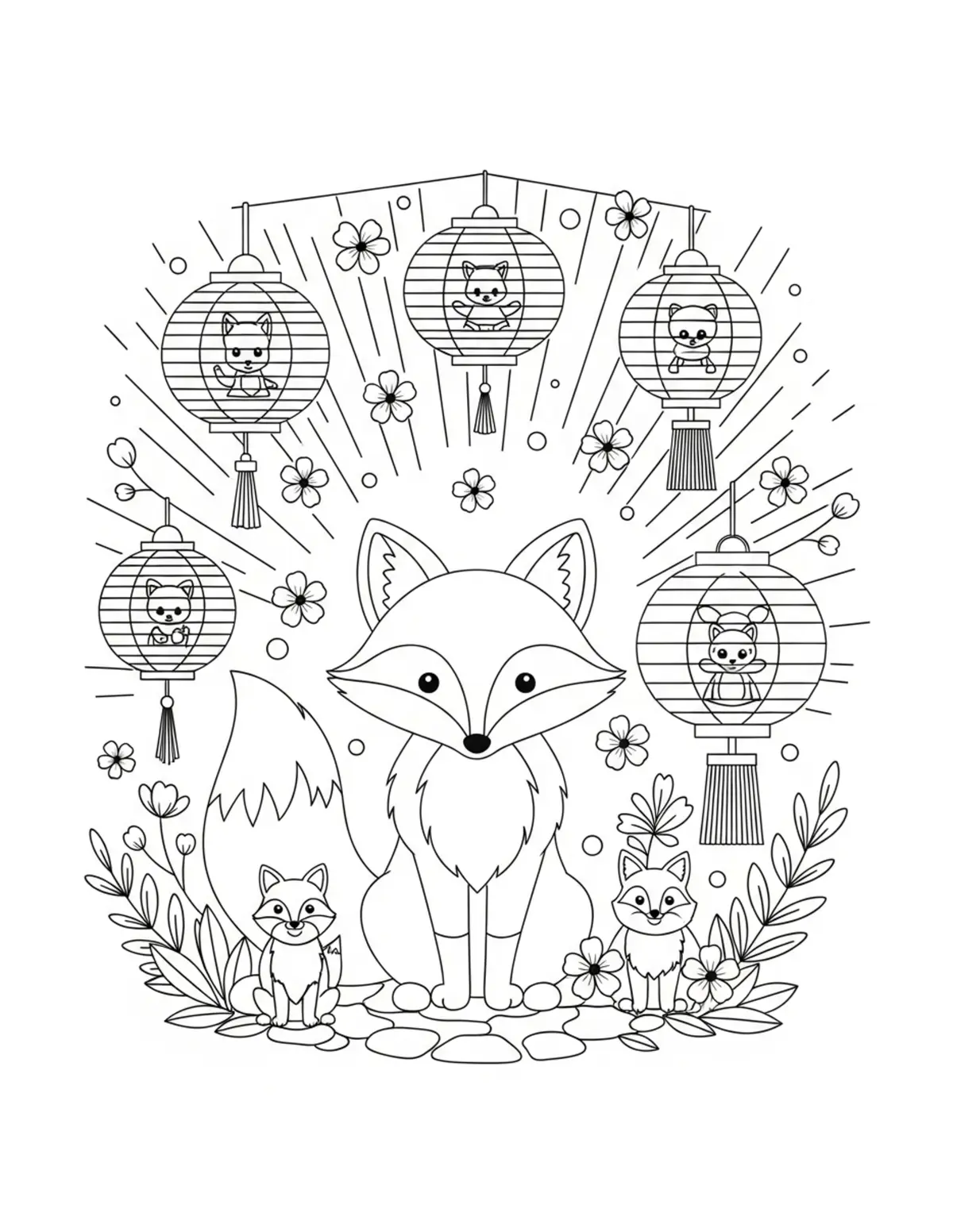 Cute Fox Lantern Festival Colo — free printable cozy coloring coloring page for kids and adults