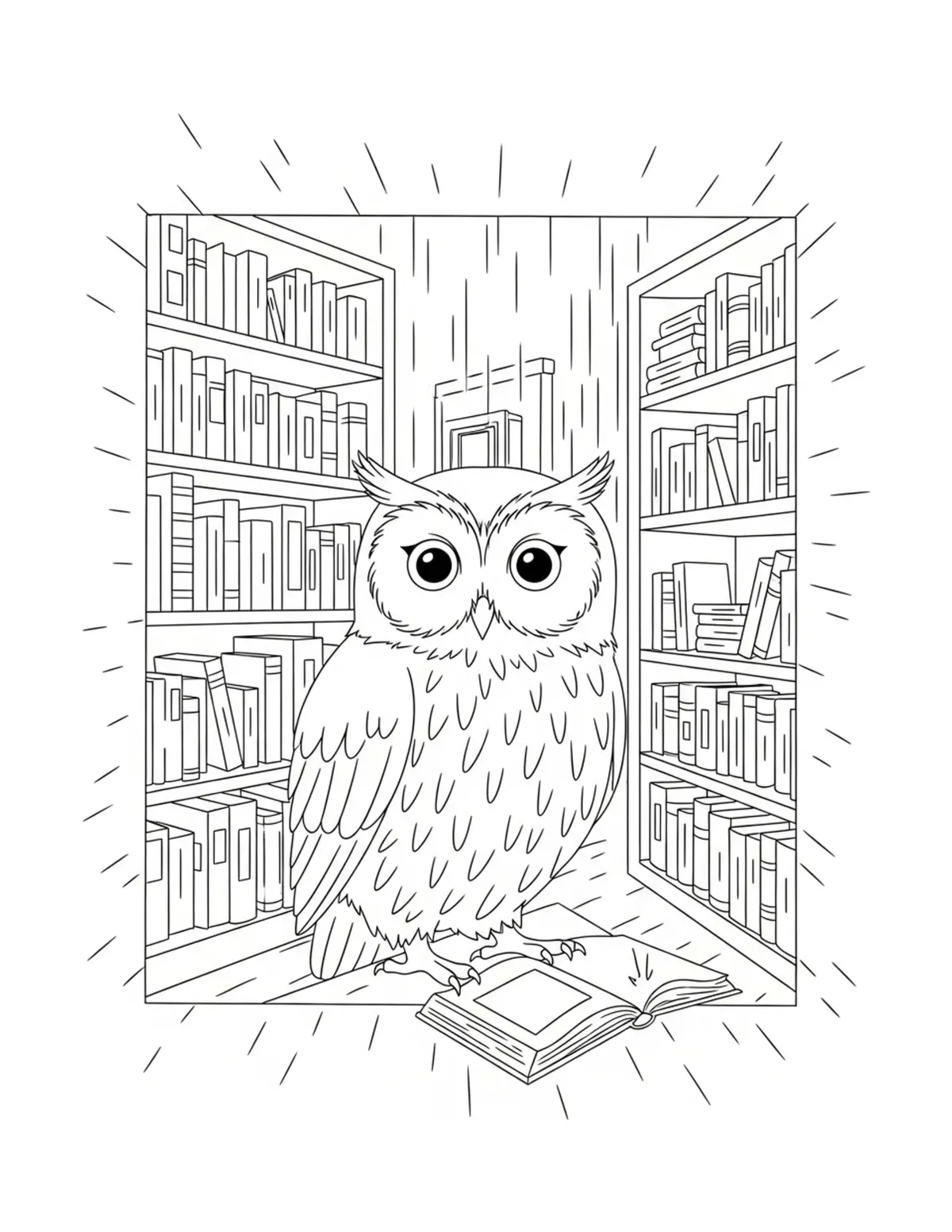 Owl Enjoying A Rainy Day Insid Coloring Page - free printable JPG featuring adorable owl reading scenes