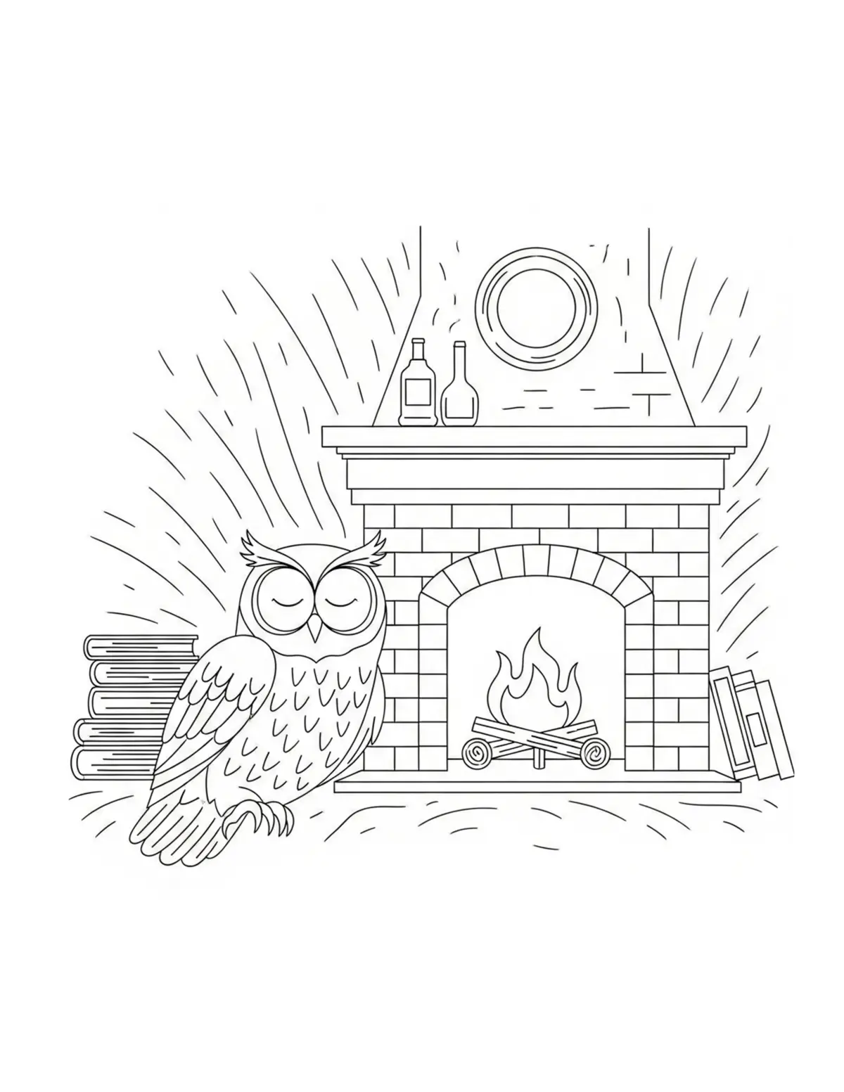 Owl Relaxing Beside A Fireplac Coloring Page - free printable JPG featuring adorable owl