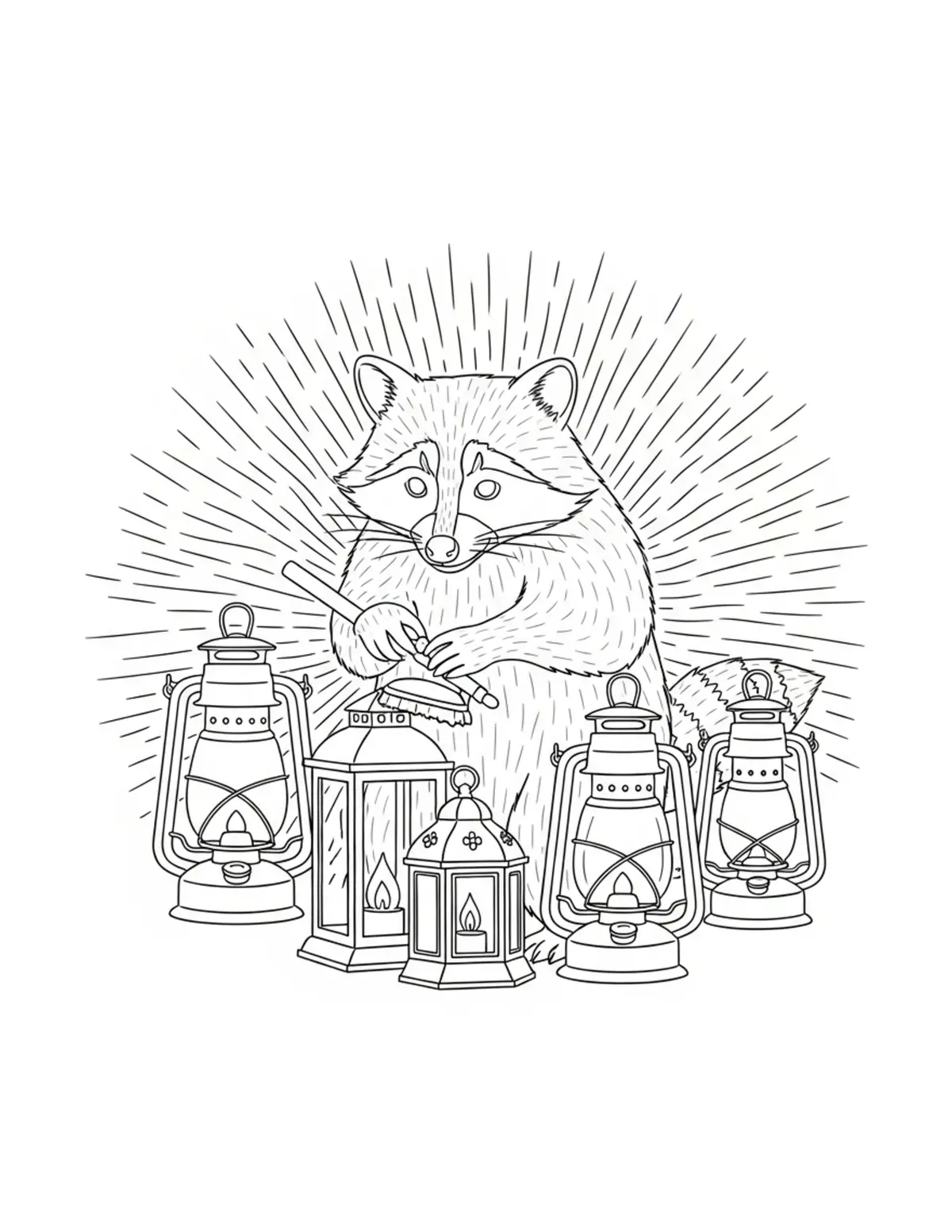 Raccoon Polishing Vintage Lant Coloring Page - free printable JPG featuring adorable woodland animals